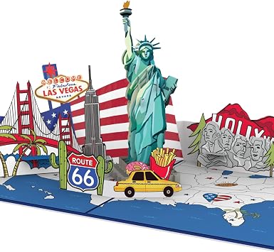 papercrush  Pop-Up Card USA - 3D Holiday Travel Voucher for U.S. Vacation, Money Gift & Giftcard for Birthday for US City Trip to New York, San Francisco or Los Angeles, Birthday Card America for him