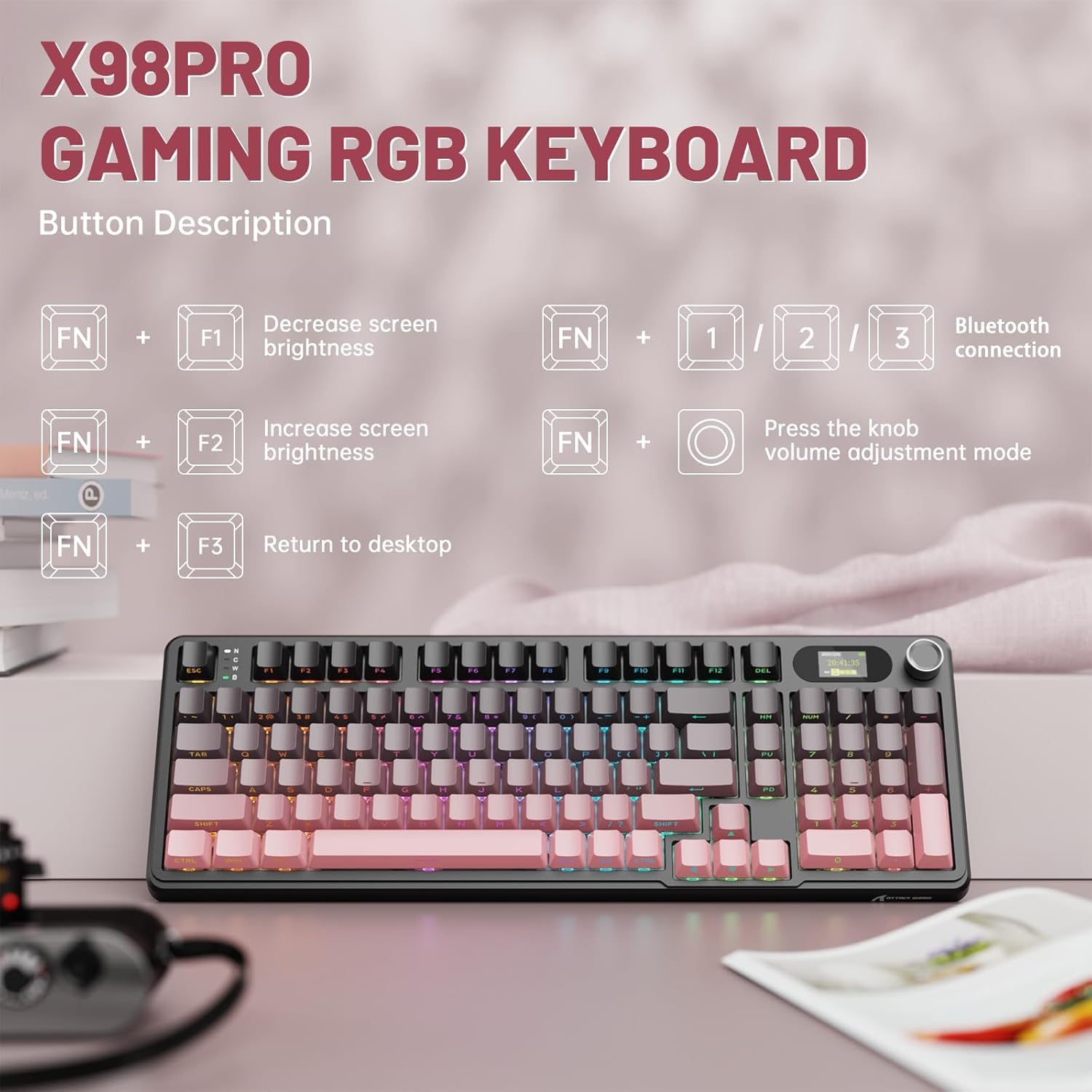ATTACK SHARK X98 PRO Teclado mecânico sem fio para jogos com tela inteligente,botão de mídia,junta de 2,4 GHz/USB-C/BT5.0,interruptor linear hot-swap,teclas PBT impressas na lateral,PC Mac(Blackberry)