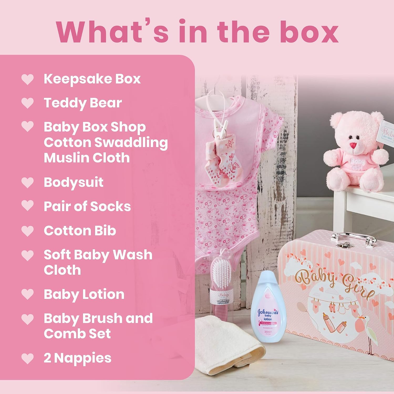 Baby Box Shop - 11 Newborn Baby Girl Gifts, Ideal for Baby Shower Gifts & Christenings - Baby Hamper in Pink Includes Baby Essentials for Newborn Girl & Plush Teddy Bear (Pink) - Image 2