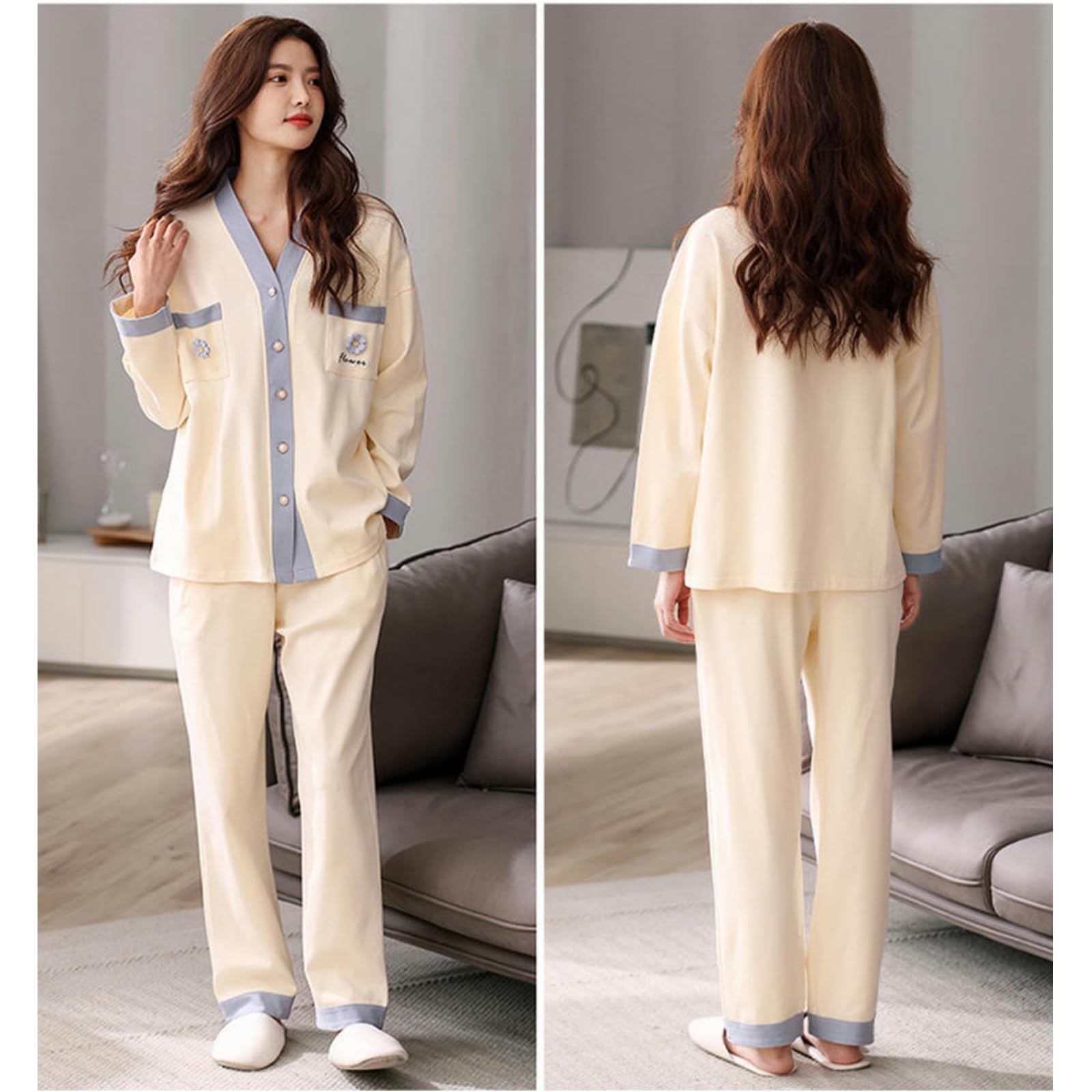Pigiama Donna Cotone Pigiami Donne Primaverili E Autunno Cotone Maniche Lunghe Cardigan V al Collo Abiti da Casa Set con Bottoni-df9709-p I N K-l