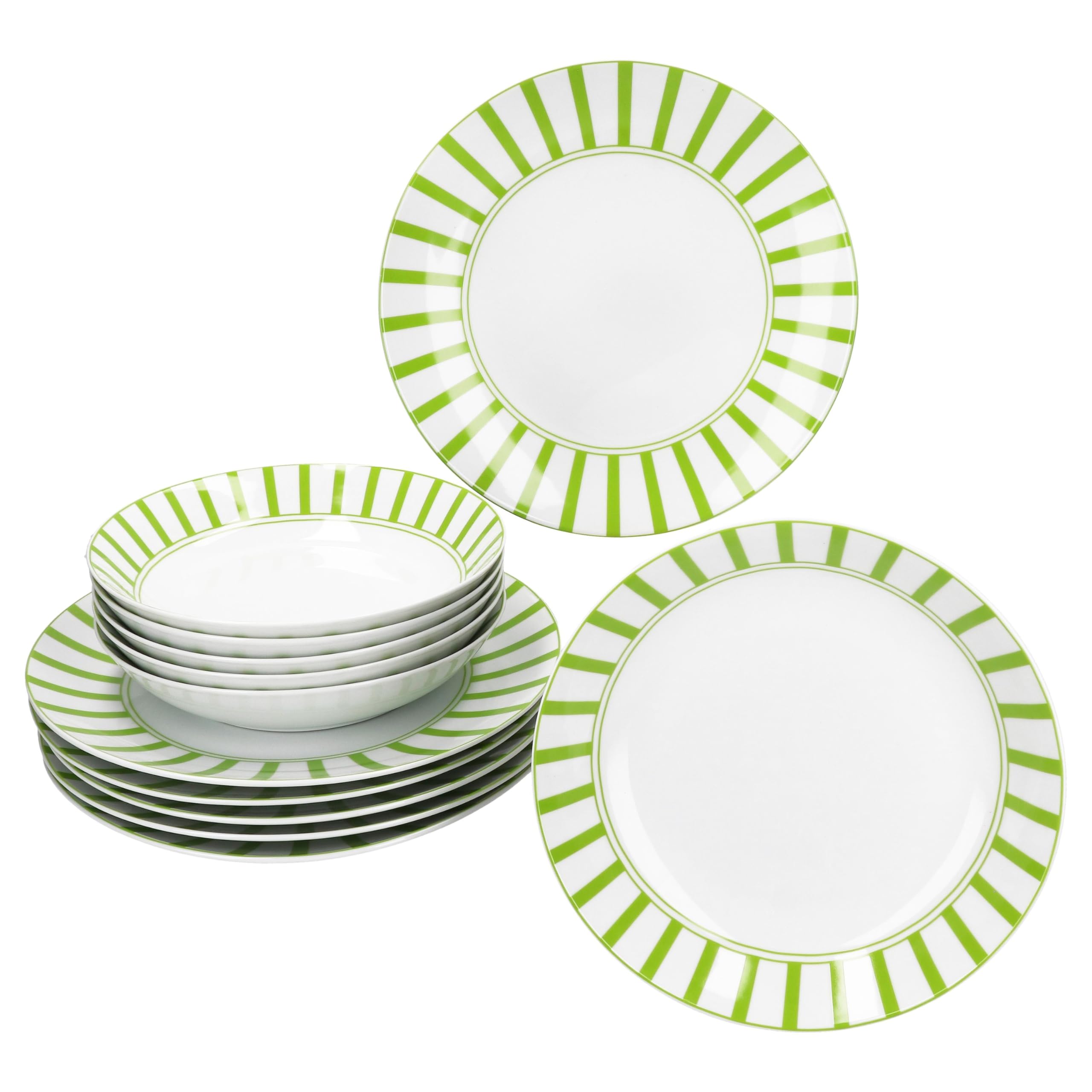 MamboCat Service de table Split vert 12 pièces - Vaisselle en porcelaine blanche avec rayures pour 6 personnes - 6 assiettes creuses et 6 assiettes plates pour le petit-déjeuner, le déjeuner et le