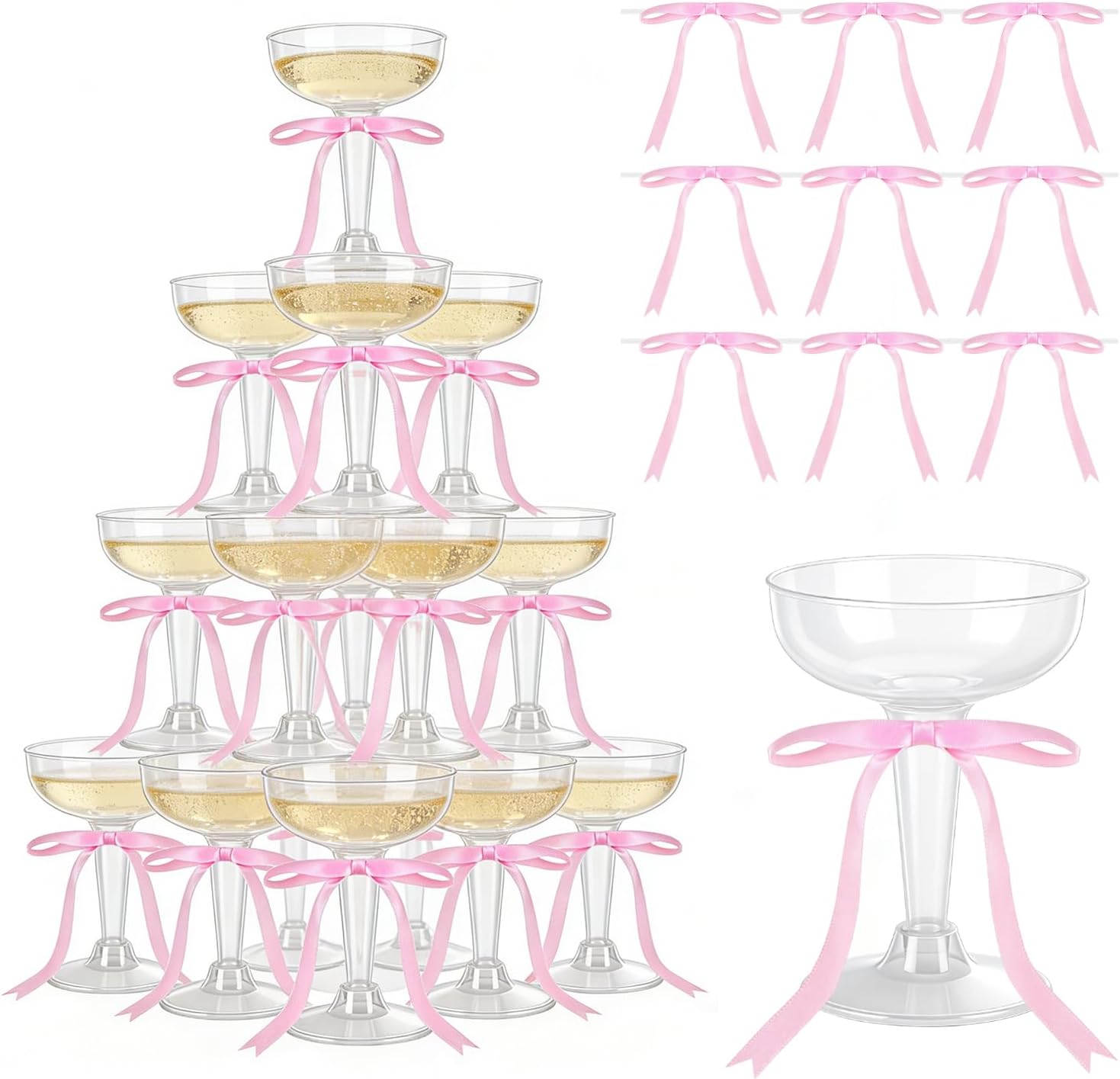 UgyDuky 30Pcs Disposable Plastic Champagne Coupe, 4Oz Martini Coupe with Pink Satin Ribbon Bow Birthday Party Supplies Clear Cocktail Glasswares for Champagne Tower Wedding Graduations Bar