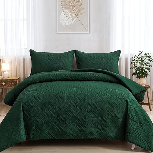 WONGS BEDDING Emerald Green Comforter Set Queen Size(90“×90”), Boho Geometric Textured Bedding Comforter Sets - 3 Pieces Reversible Soft Microfiber Ultrasonic Bedding with 2 Pillowcases