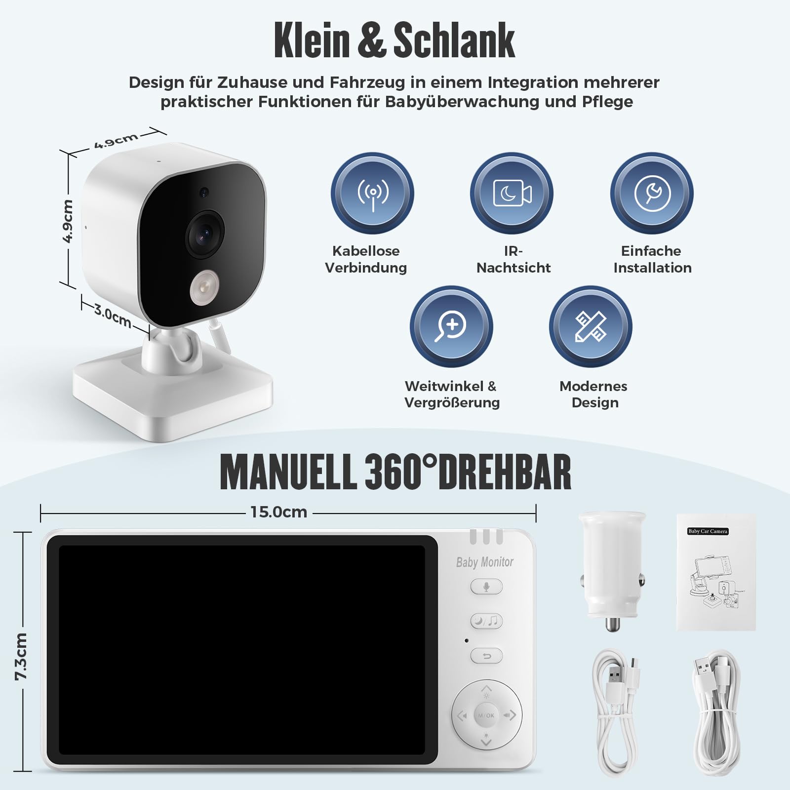 Baby Kamera Auto mit 5'' Display: HD Nachtsicht und Weitwinkel autospiegel Baby rücksitz USB Plug&Play Einfache Installation Ideal für Babyschalen