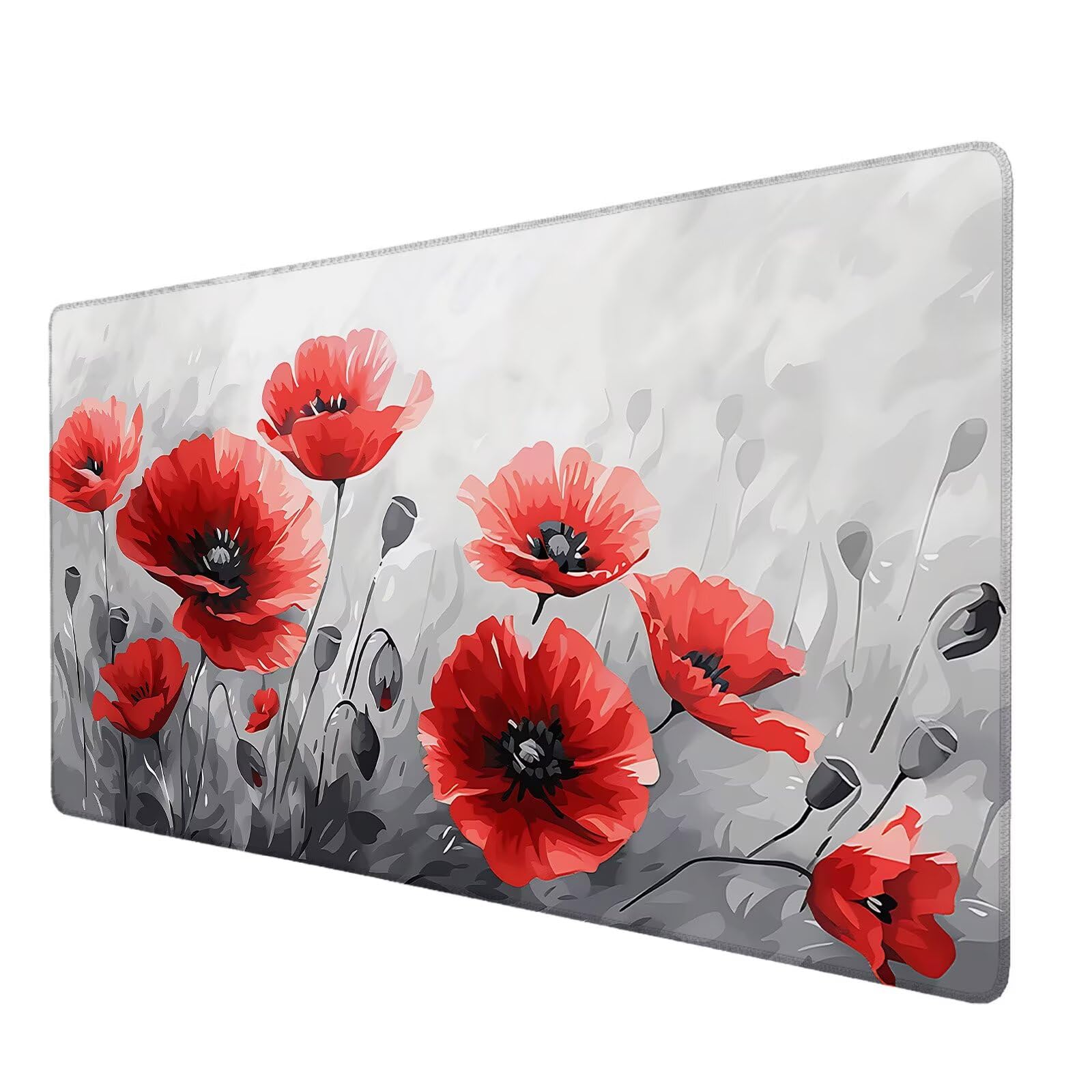Podkładka pod mysz z kwiatem maku, duża podkładka pod mysz 900 x 400 mm, szara podkładka pod mysz do gier, podkładka na biurko ze zszytymi krawędziami, podkładka pod mysz z klawiaturą, do pracy, gier,