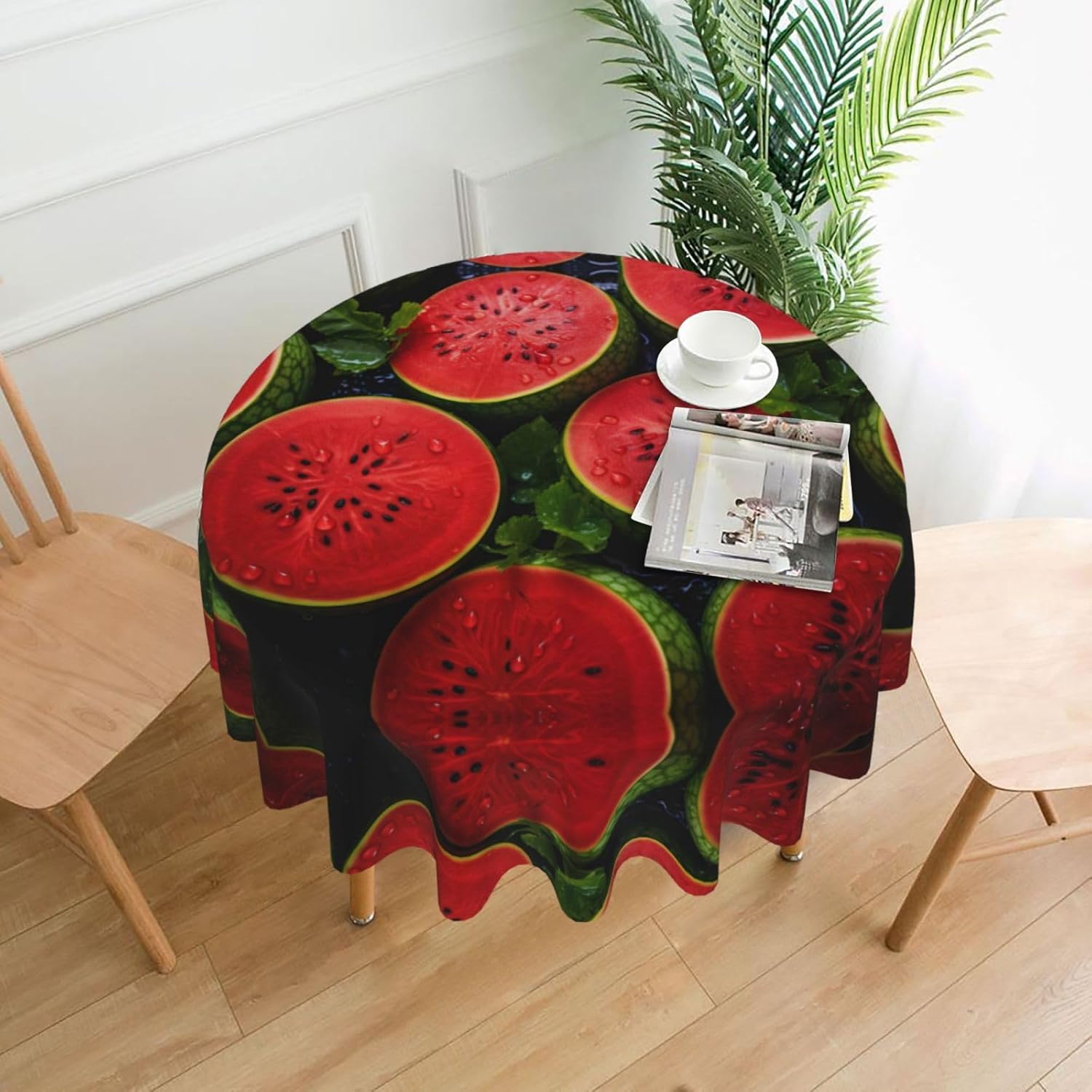Red Watermelon Print Wrinkle Free Dining Table Cover for Birthday Party Farmhouse Tablecloths Up to 60 x 60 Inches
