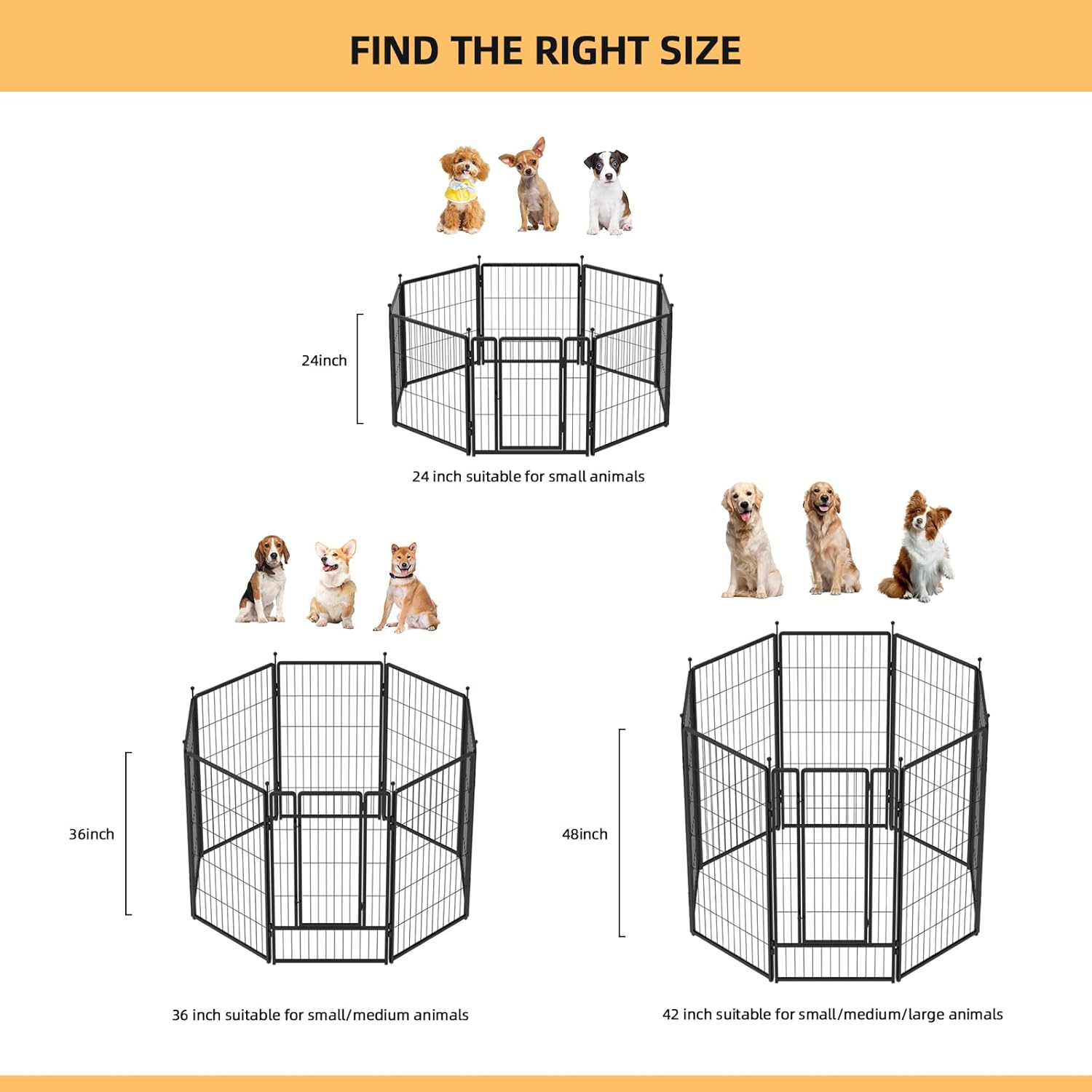 Dog Playpen Indoors/Outdoor, 24 inch 4 Panels Dog Play Pen for Small Dogs, Rustproof Metal Pet Fence for RV Camping/Yard/Garden (Black, 42inch, 8 Panels)