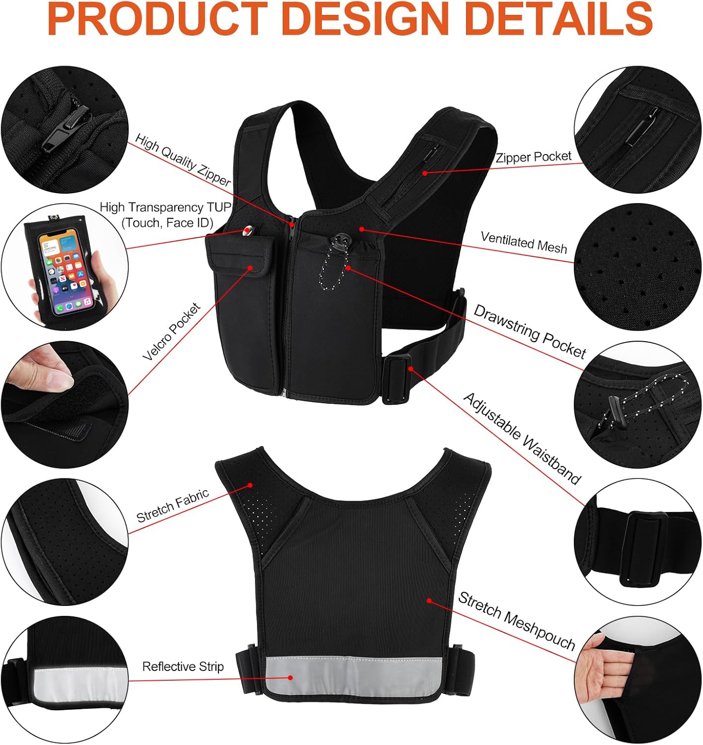 Hydration Running Vest for Men Women, Breathable, Sweatproof Lightweight Hydration Backpack Pack with 5 Pockets, Phone Holder, Adjustable and Reflective Vest for Running Hiking Cycling Marathon