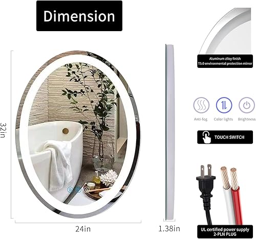Miniatura 7 de Espejo ovalado grande de baño con luces LED, espejo de tocador de baño de 32 x 24 pulgadas, espejo de tocador montado en la pared con 3 luces de