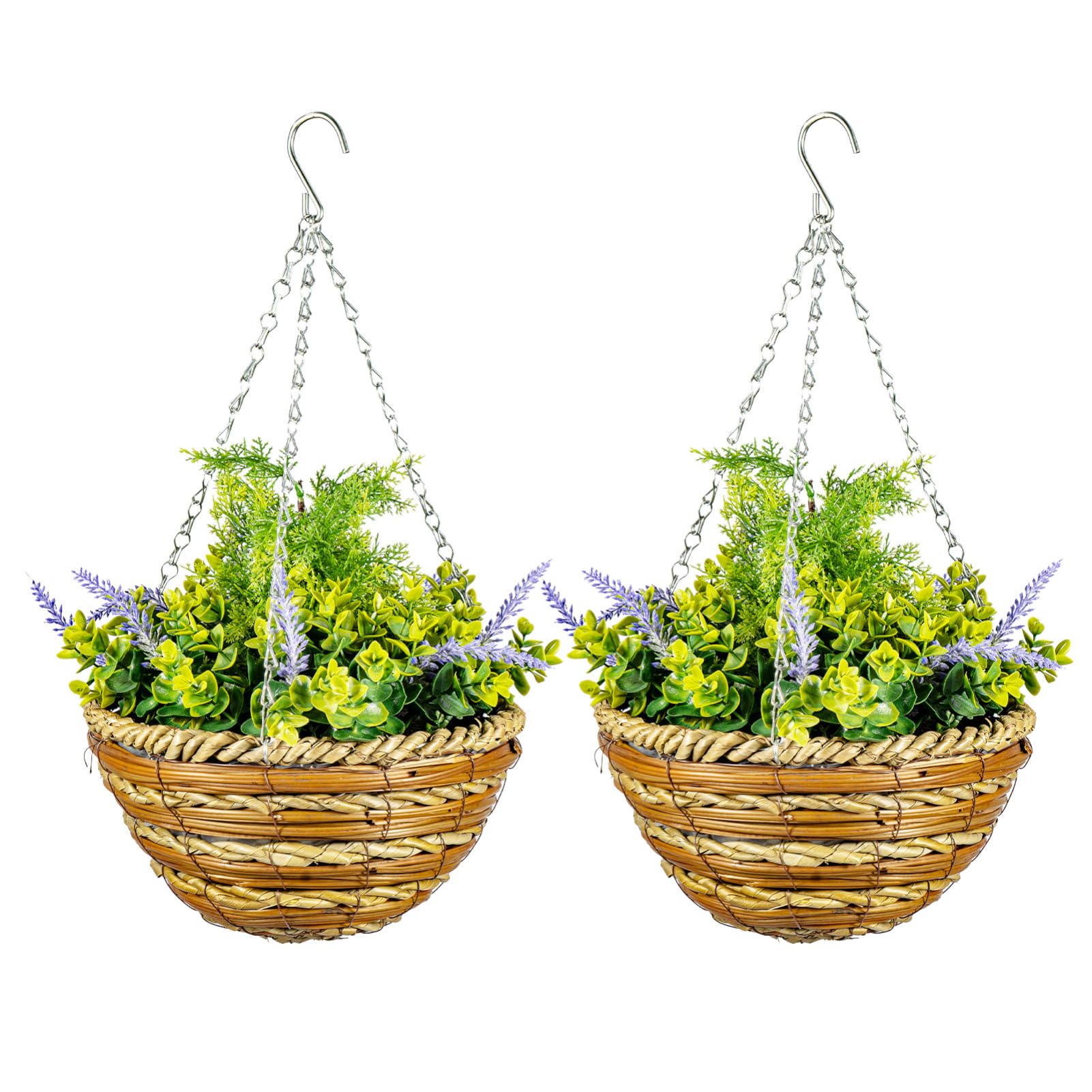 FERNVALE Pack of 2 Hanging Basket Fake Flowers Artificial Flowers Realistic PE Faux Plants with Rattan Basket and Chain Artificial Faux Flowers for Outdoor Garden Porch Patio Balcony (Purple)