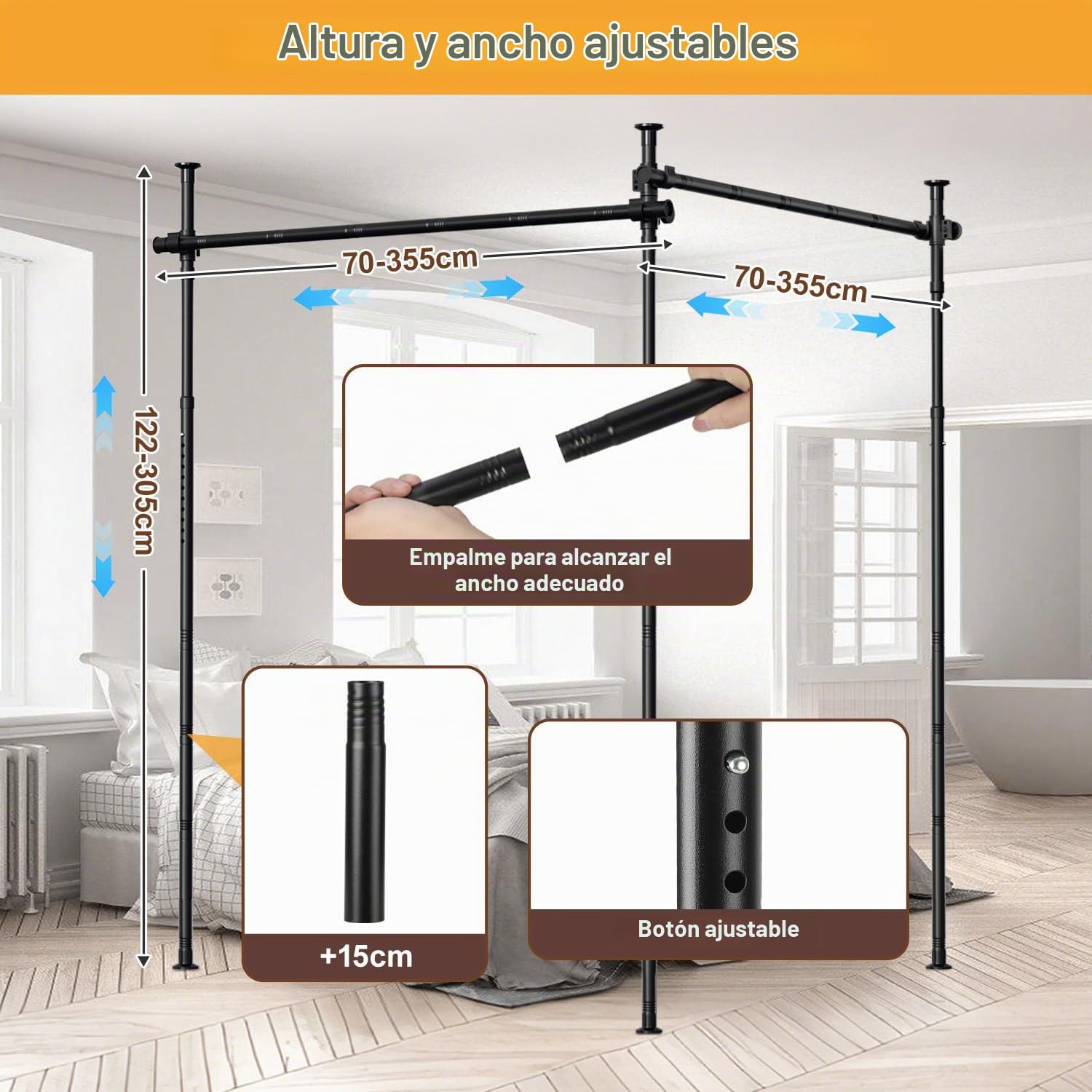 Separador de espacios sin necesidad de taladrar, barra para cortinas extra ancha como estructura para paravientos, separador de espacios independiente sin cortina, ancho 70-355 cm x alto 122-305 cm