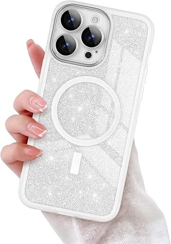 Funda magnética para iPhone 14 Pro Max, funda transparente con purpurina de lujo con MagSafe para mujeres y niñas, protector de lente de cámara de