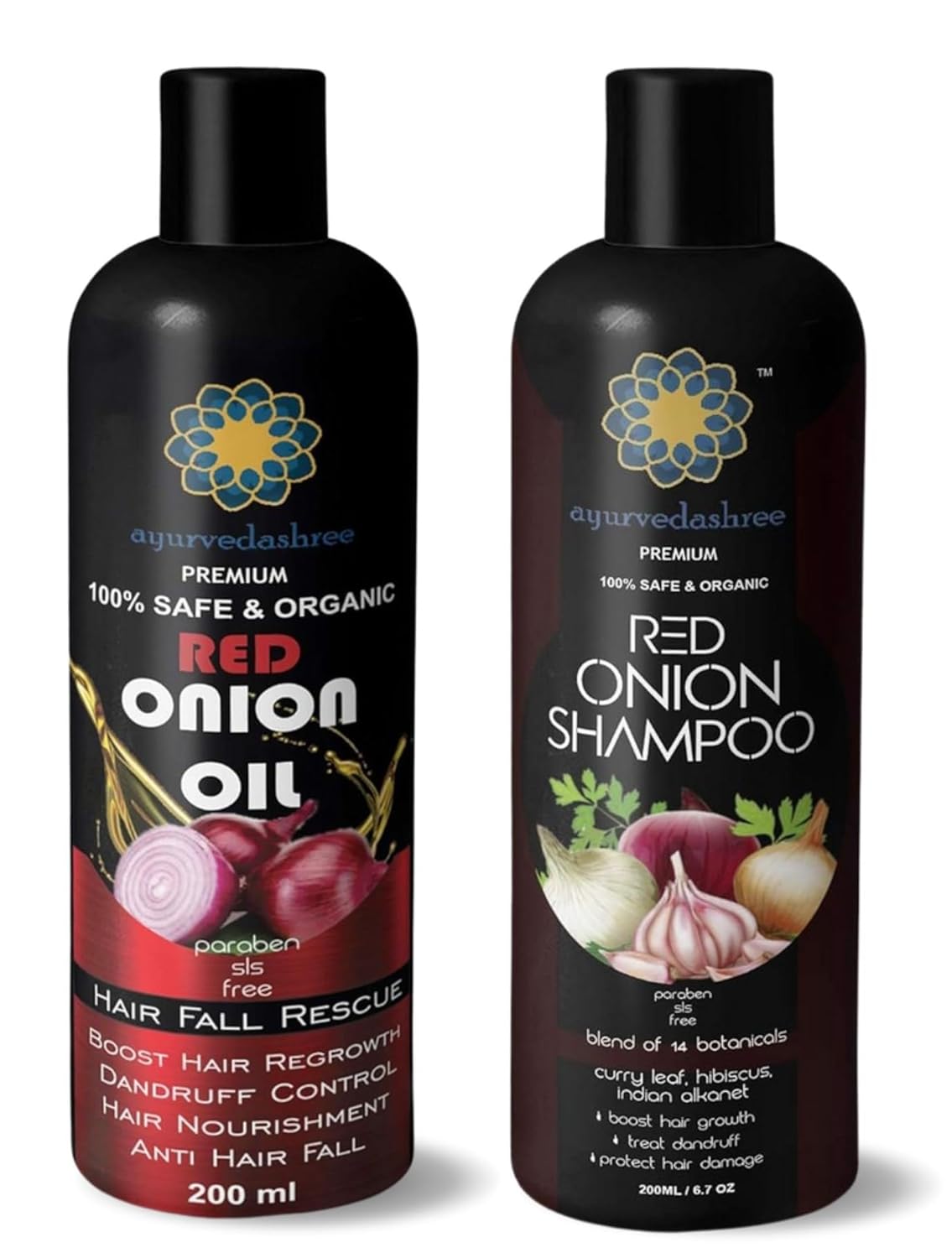 AYURVEDASHREE Red Onion Hair Oil + Onion Shampoo -200ml Each, For All Type of Hair, 100% Safe & Natural