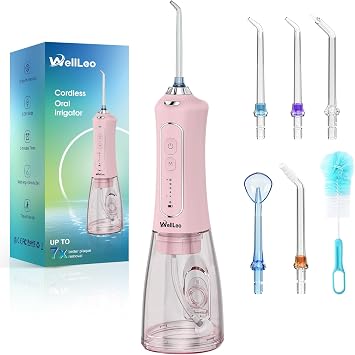 WellLeo Water Flossers for Teeth, 300ML Cordless Oral Irrigator Rechargeable Dental Flosser Picks with 5 Modes 5 Jet Tips,IPX7 Waterproof Teeth Cleaner for Braces Gum Care, Home Travel Use