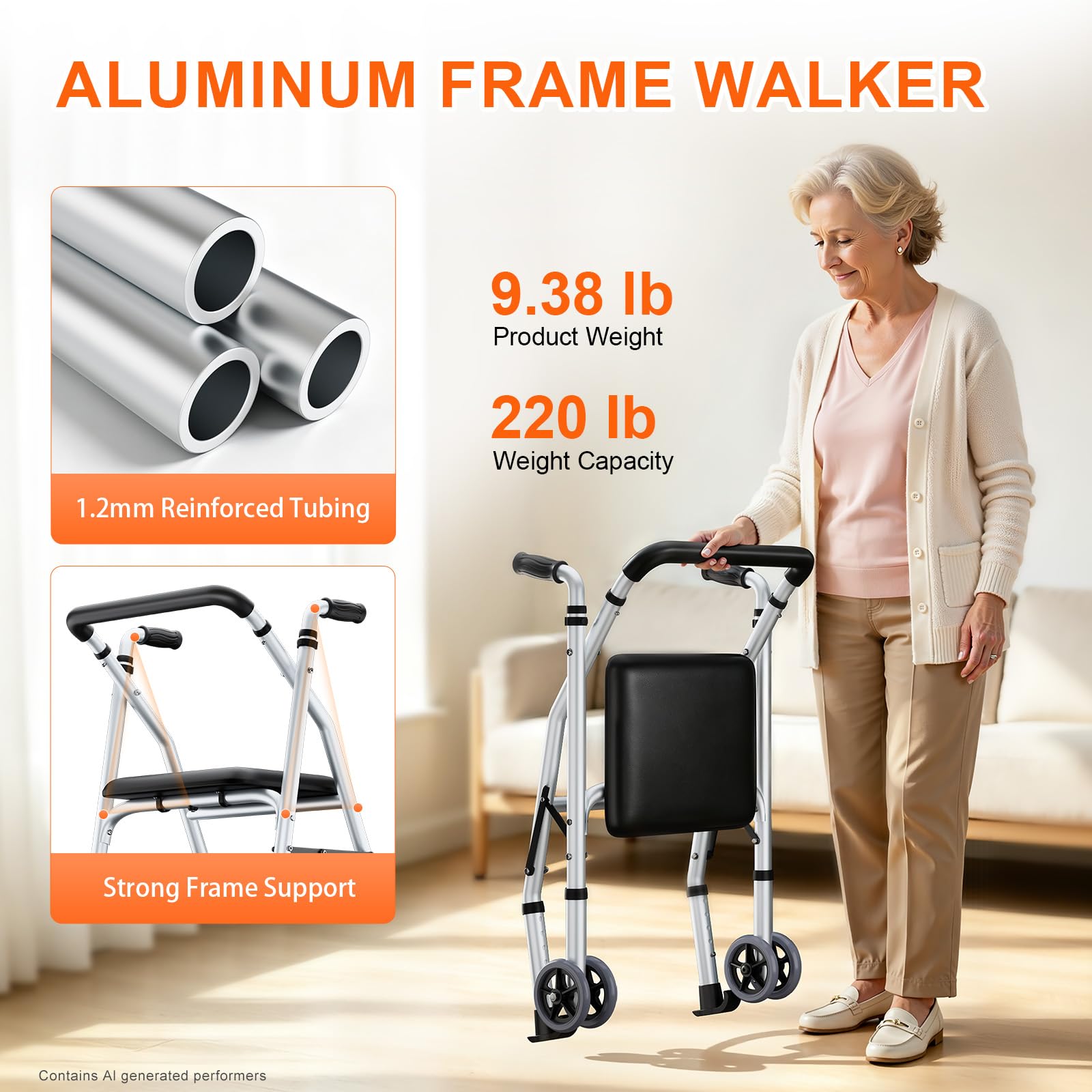 Standard Walkers for Seniors with Seat, with 2 Skis & 5”Wheels — Amazon image 4