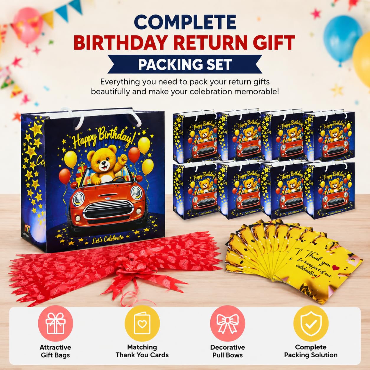 Birthday Return Gift Bags for Kids with Thank You Cards & Pull Bow Ribbon | Teddy Car Theme Party Favor Bags for Boys & Girls | Gift Packing Set for Birthday Celebration 1