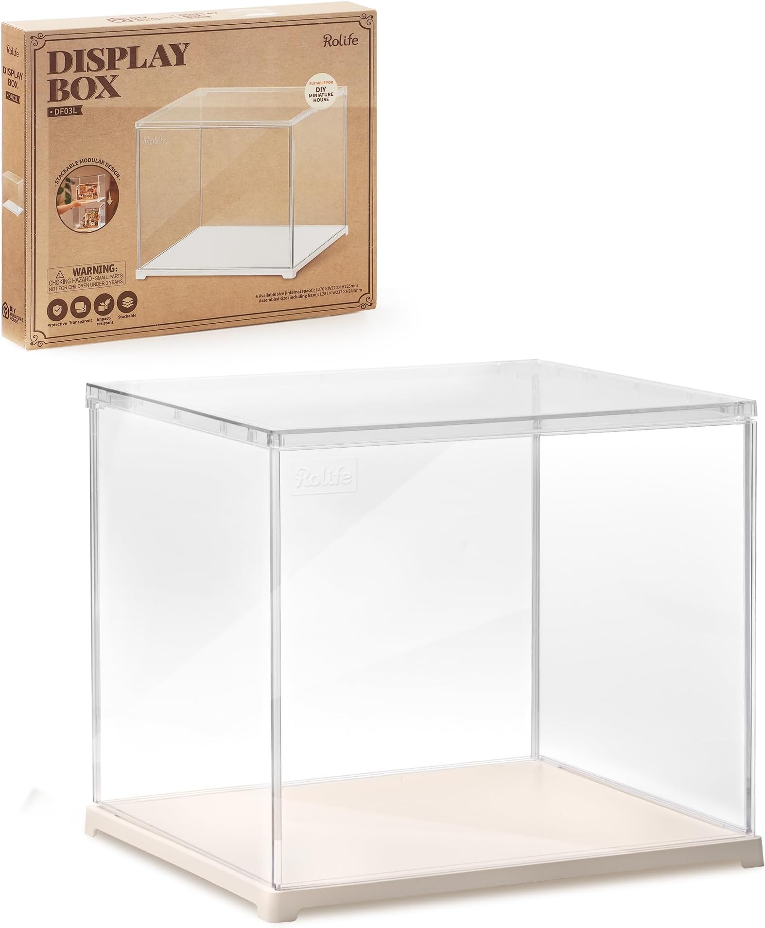 Rolife Acrylic Display Case DF03L - Dustproof Display Box with Front Door, Internal Usable Space 10.63×8.66×8.86 Inches, Fits for Miniature House Blind Box Pop Figures Collectibles