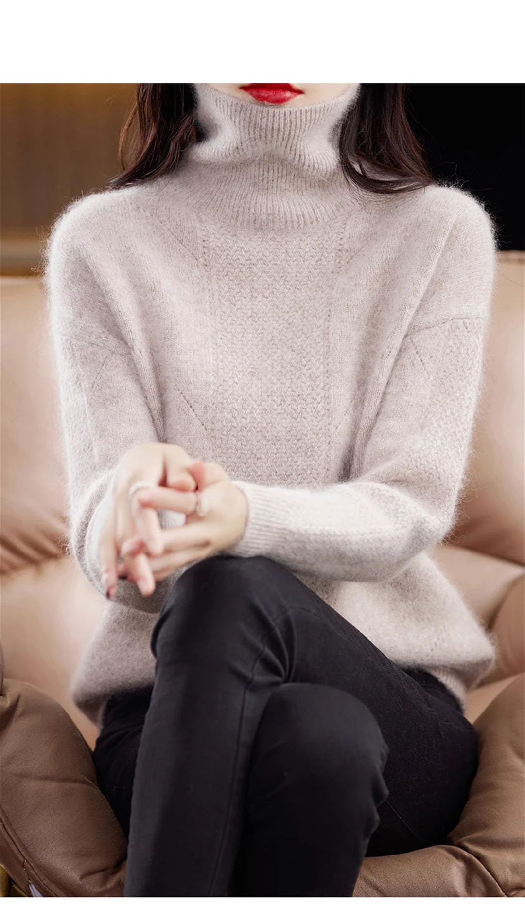 Vogrtcc Maglione da Donna Autunno Inverno Cashmere Collo Alto Top in Maglia Lavorato A Maglia Tinta Unita Cavo
