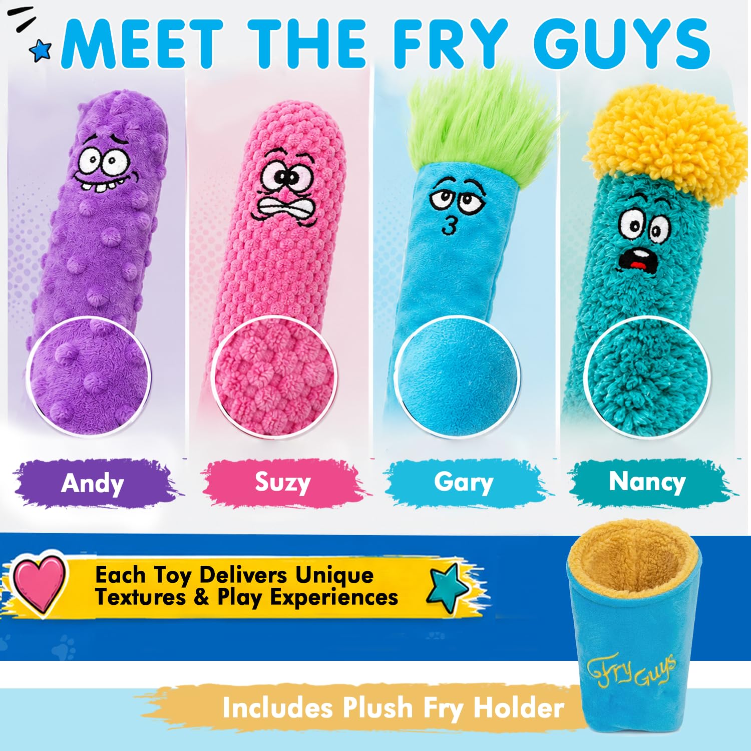 GURU Pet: Fry Guy: 5-teiliges Set – Medium – 4 Plüsch-Hundespielzeuge mit Halter, quietscht und knistert, Fry Shape Charaktere, strapazierfähiger Stoff, Kau-Apportier-Thrash-Play