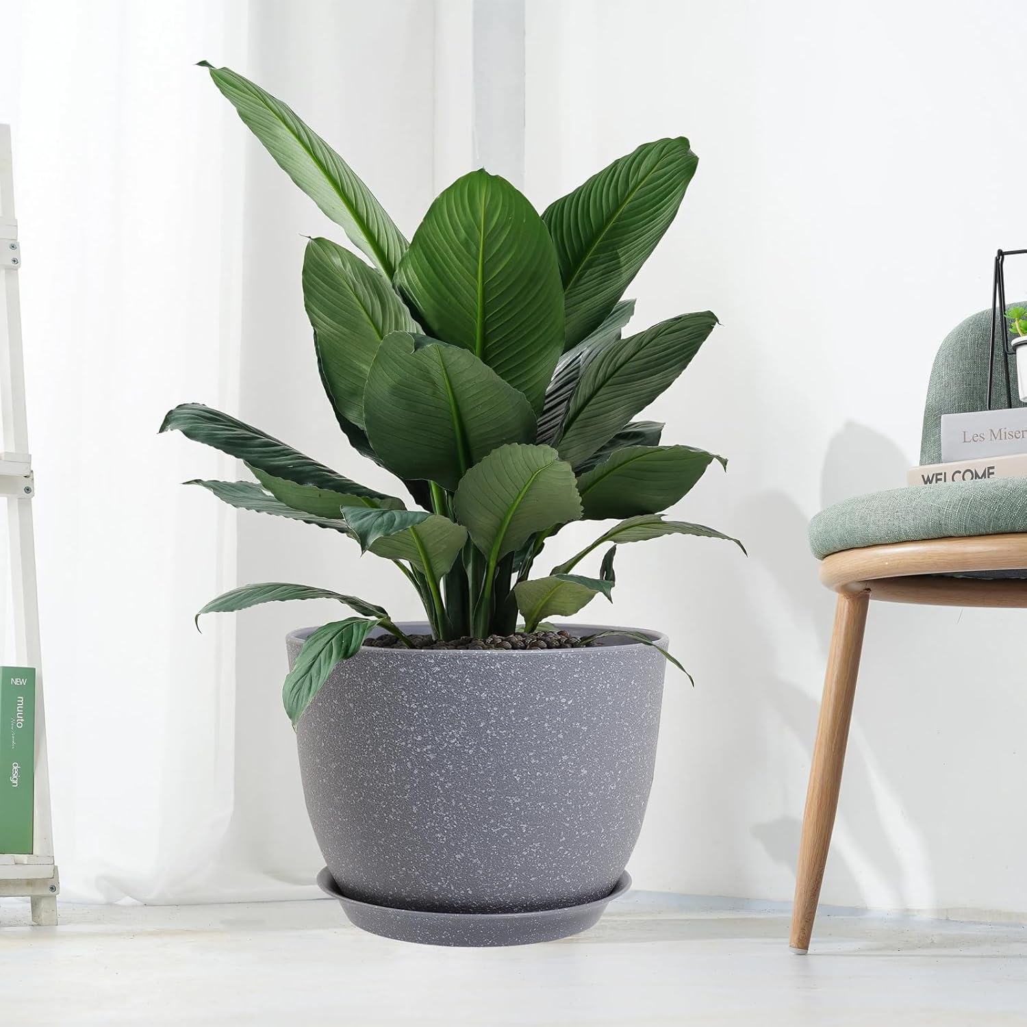 UOUZ 12/10/9 Large Modern Plant Pots, Plastic Planters with Drainage Holes and Saucers for Indoor Outdoor Plants Flowers, Grey Speckles