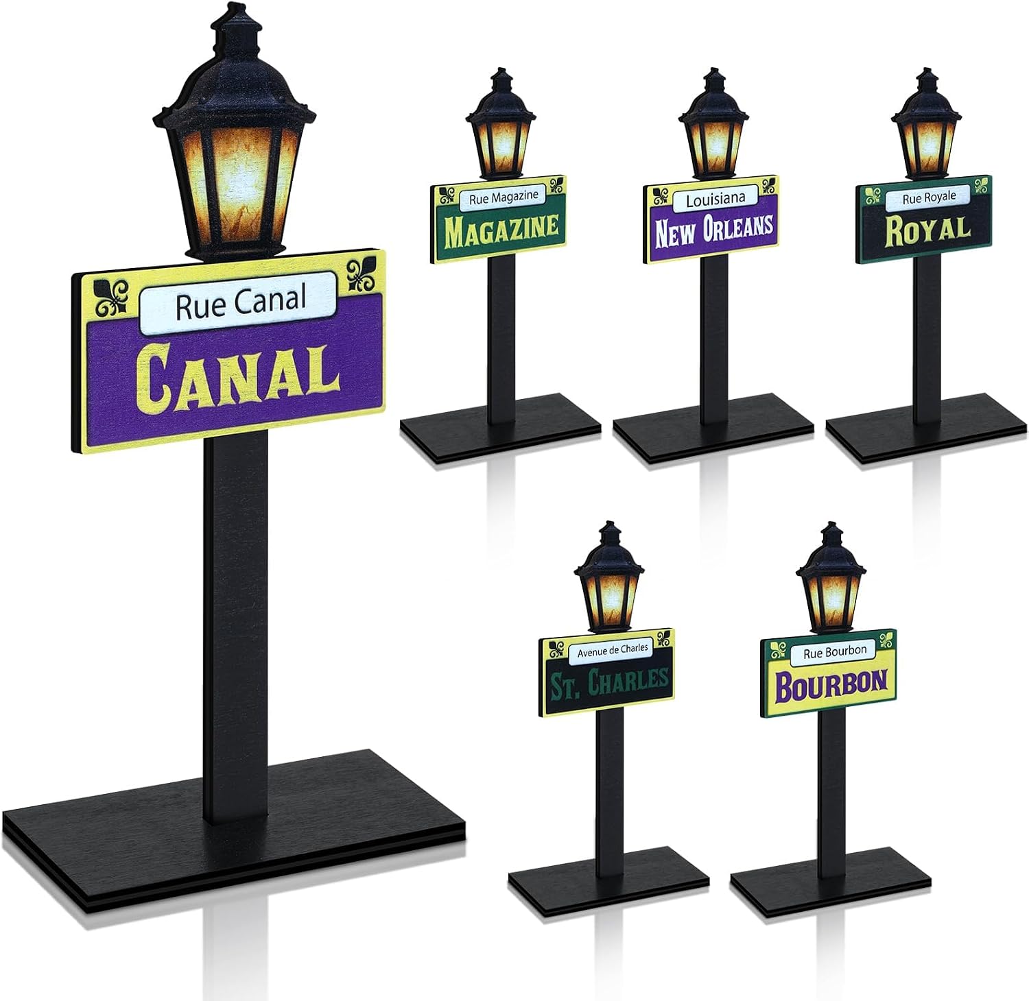 Amyhill 6Pcs Mardi Gras Decorations New Orleans Street Signs Lamp Post Centerpiece Wooden Desktop Lamp Post Street Party Supplies Mardi Gras Table Decor Friend Birthday Party(8 Inch,Classic)