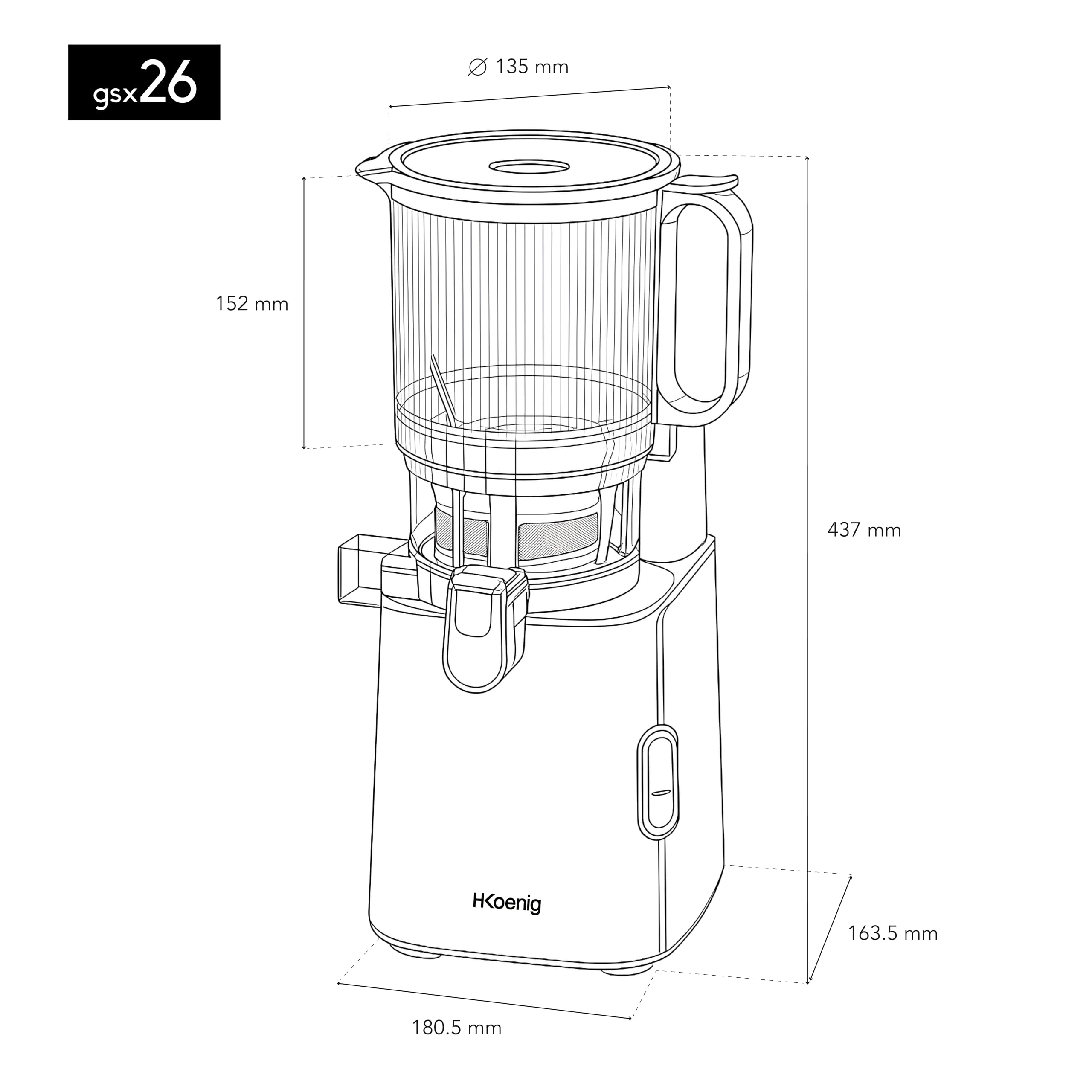 H.Koenig GSX26 - Estrattore di succo con apertura ampia 135 mm, frutta e verdura, senza BPA, estrazione lenta 50 giri/min, acciaio inossidabile, silenzioso, 250 W, antigoccia, nero