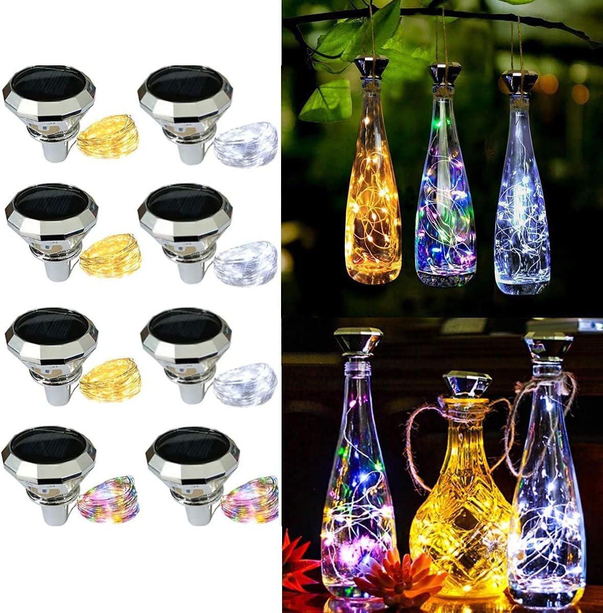 Solar Bottle Lights - 8 Pack Solar Diamond Shaped Wine Bottle Cork Lights, String Fairy Lamp Outdoor Waterproof, for Garden Patio Pathway Concert Indoor Outside Colorful