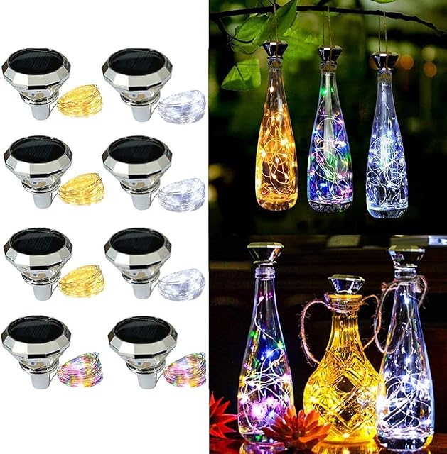 Solar Bottle Lights Outdoor Waterproof Colorful - 8 Pack Wine Bottle Night Light Christmas Decorations Gift Led lifemet Diamond Shaped Wine Cork String Fairy Lamp for Garden Indoor Outside Party