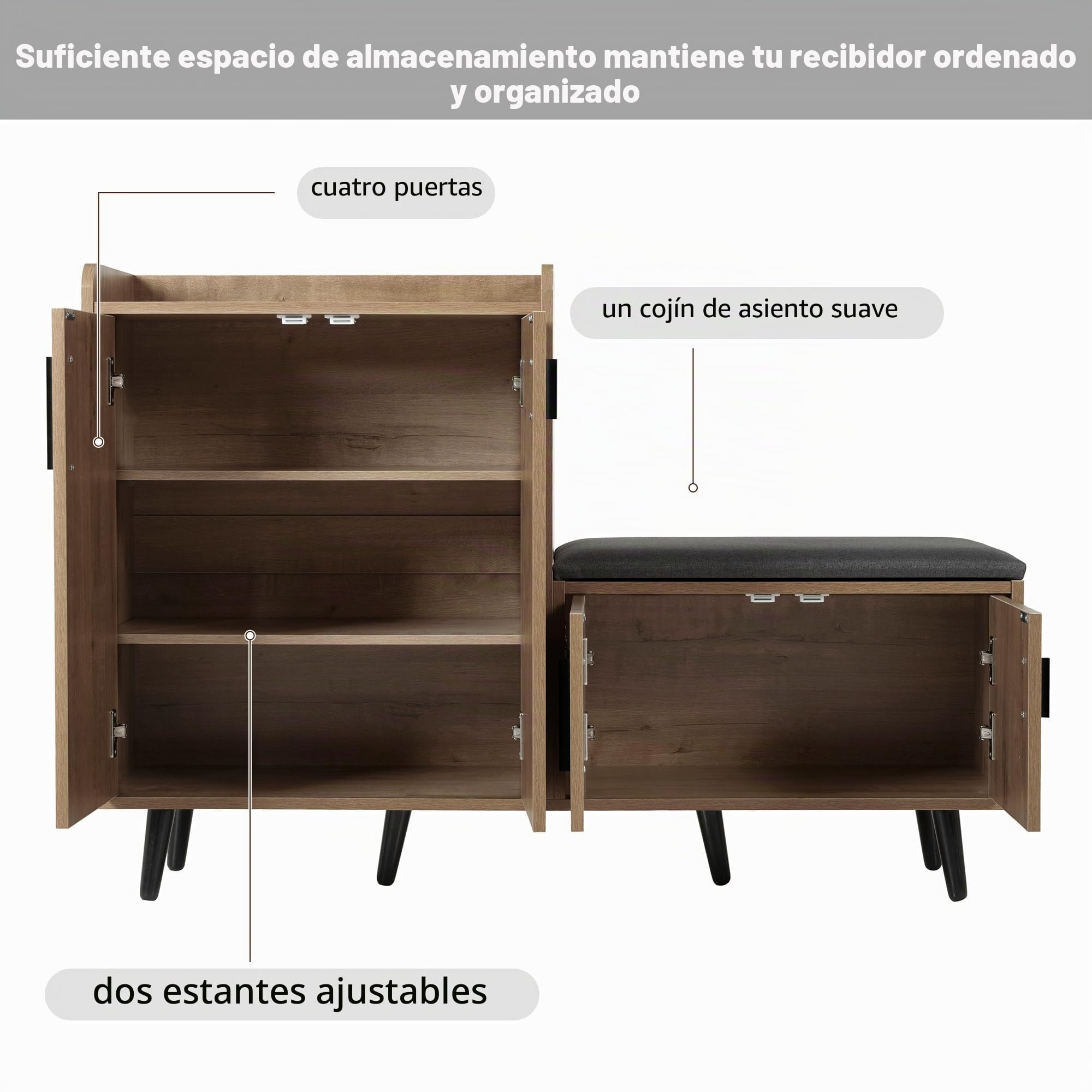 Zapatero moderno, 120 x 34 x 82,8 cm, equipado con cuatro puertas de almacenamiento, asas de metal asimétricas (color madera)