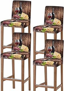 Wine Cheese Bar Stool Covers Set of 4, Grapes Farmhouse Brown Wooden Plank Stretch Washable Bar Chair Covers with Backs, Removable Pub Counter Height Chair Cover for Kitchen Dining Room Cafe