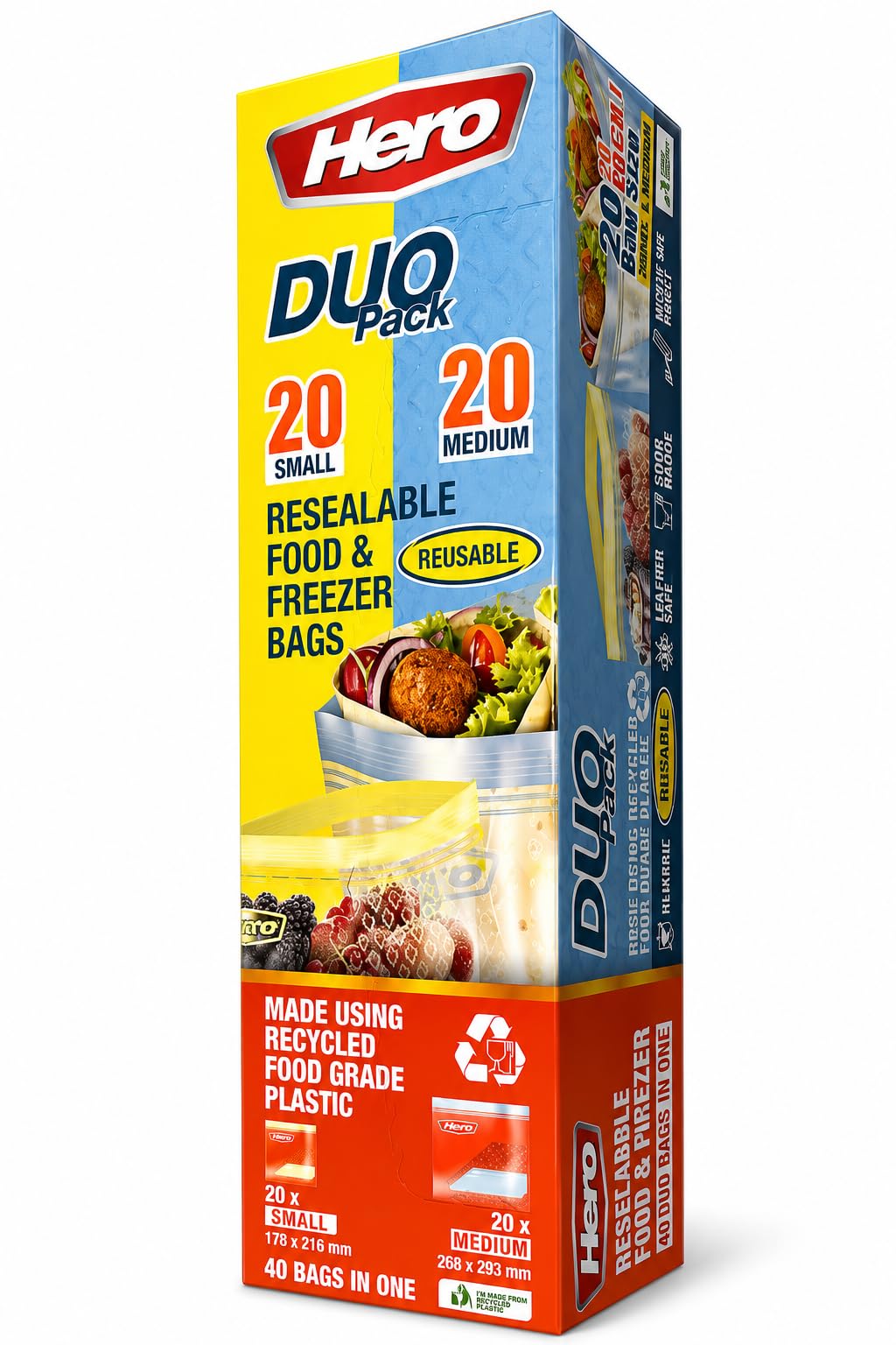 Resealable Food & Freezer Bags - Hero Duo Pack 20 Small & 20 Medium Ziplock Bags - Sandwich bags for storing in the freezer or for packed lunches