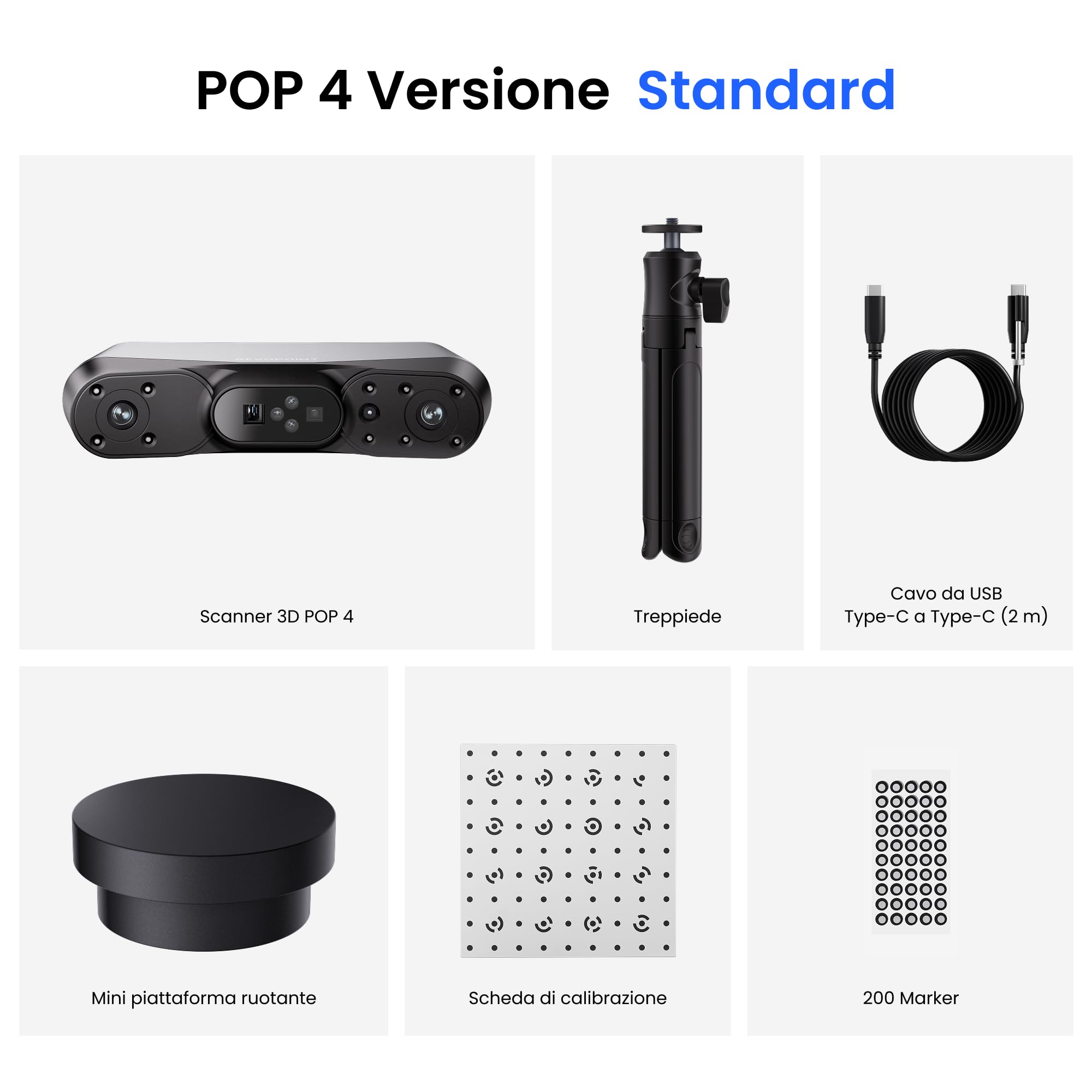 Revopoint Scanner 3D POP 4, laser blu,precisione 0,03 mm,105 fps, analisi AI e modellazione 3DGS, 5 modi di scansione, tracciamento anti-vibrazione, uso in esterna, WiFi 6, per stampa 3D, standard