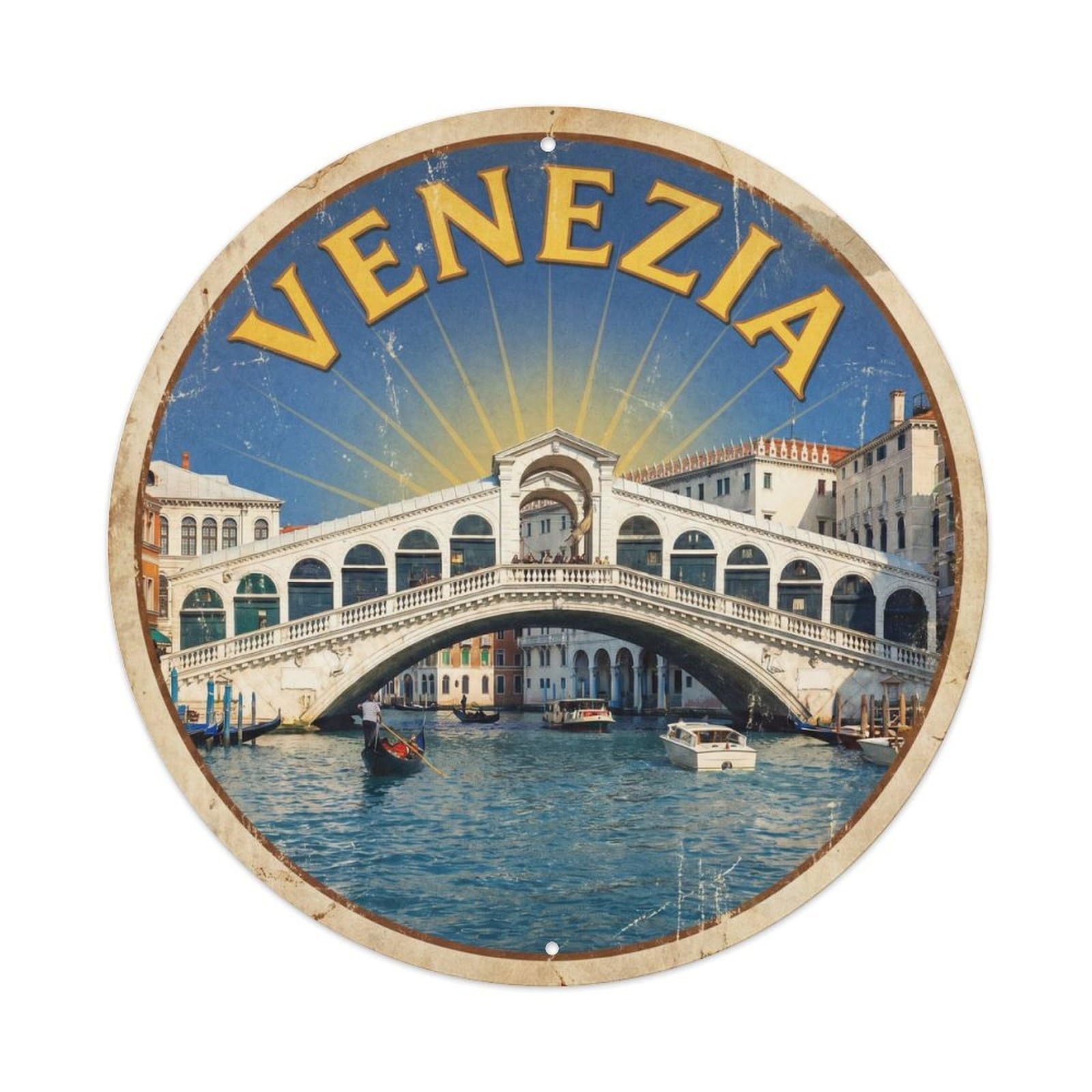 Grand Canal Bridge Venice Italy Gondola Heritage Scenic Metal Tin Sign Plaque Wall Decor for Cafe, Man Cave, Club Bar, Office, Home Garden Round Metal Poster 8x8Inch