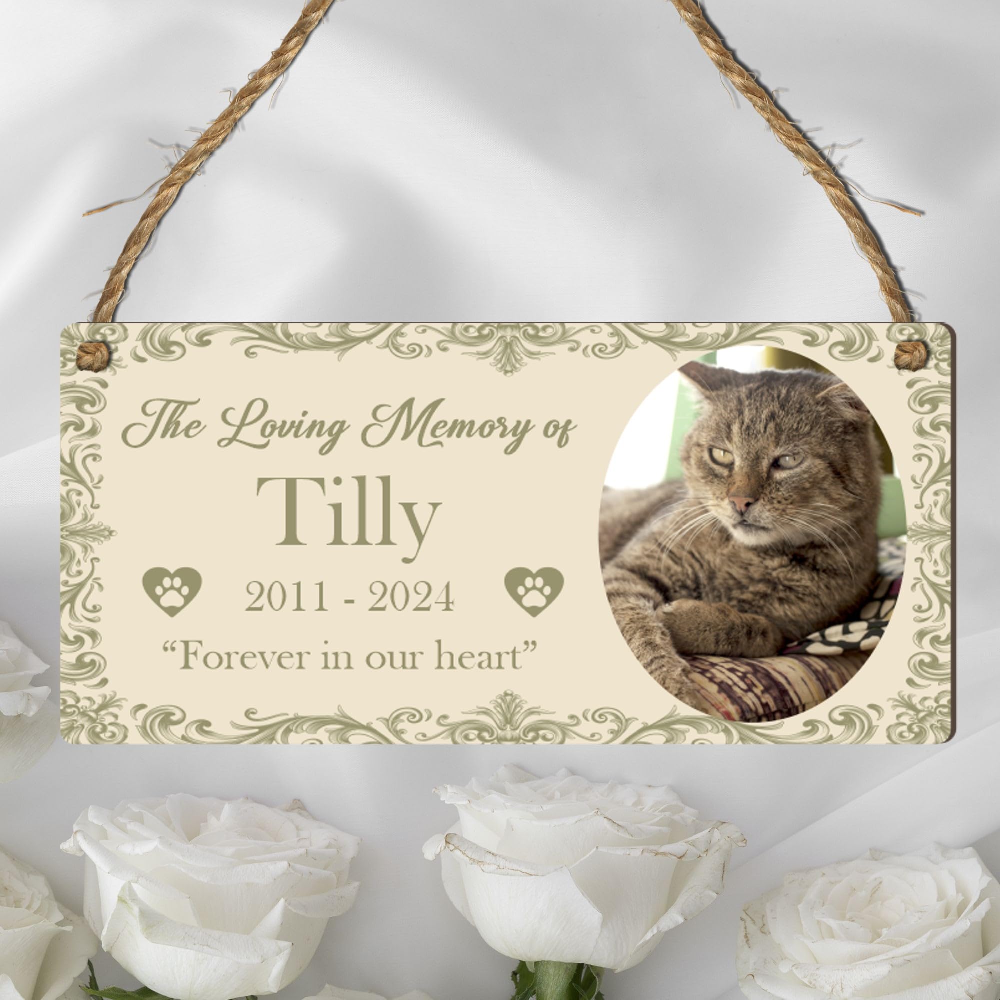 Personalised Pet Photo Plaque - 'The Loving Memory of...' Memorial Hanging Sign, Perfect for Dogs, Cats, Horses, Rabbits & More (Mdf Wood Indoor Use Only 19cm x 9cm, Cream)