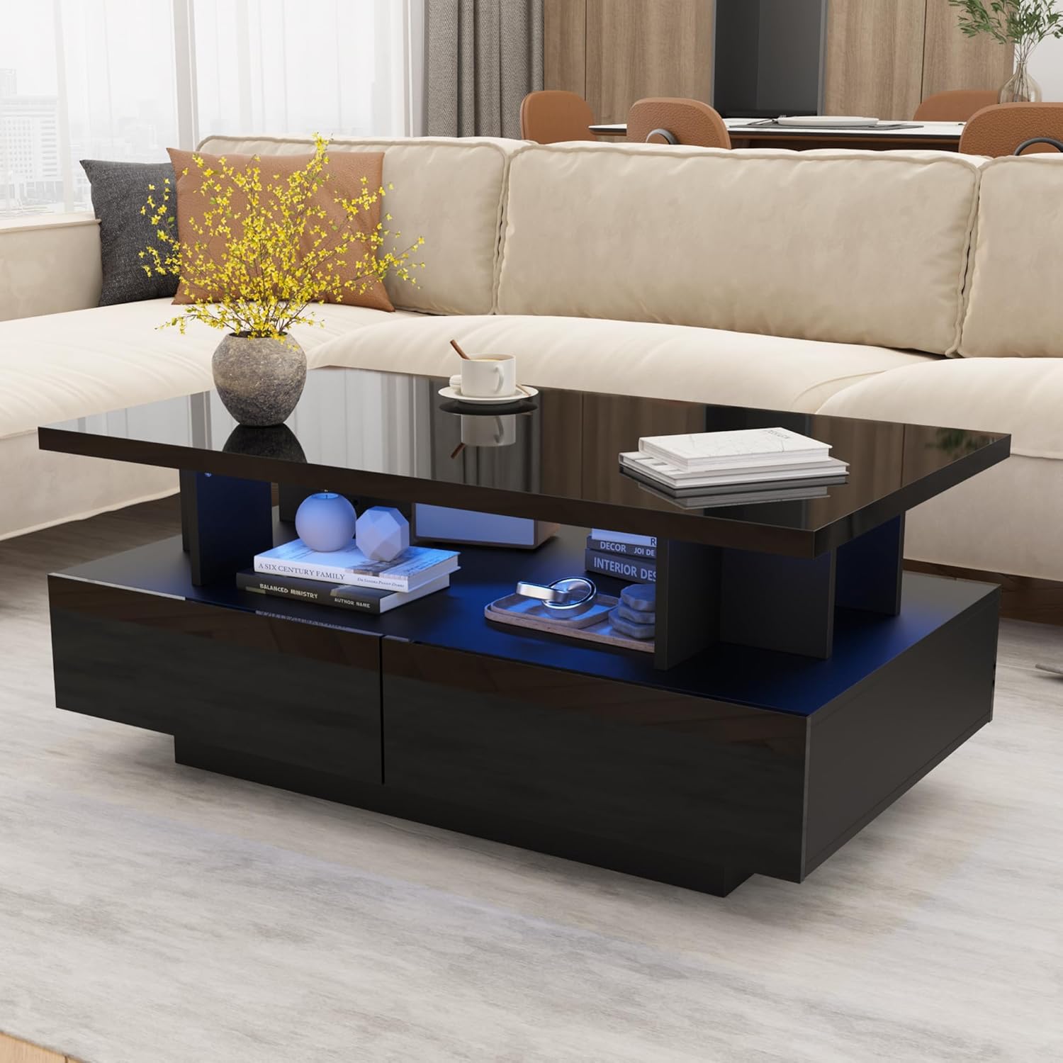MHOM 41.3" LED Coffee Table, Modern High Gloss Living Room Table with 4 Drawers, Stylish Center Table for Living Room, Office and Apartment, Black