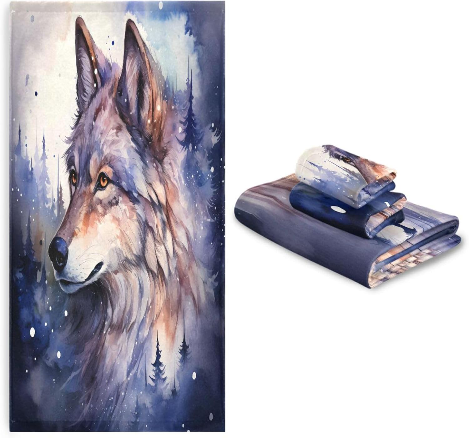 ALAZA Wolf (4) Bath Towel Set Luxury Decorative Set of 3, 1 Bath Towel 1 Hand Towel 1 Washcloth Soft Multipurpose for for Bathroom Hotel Gym Yoga Spa
