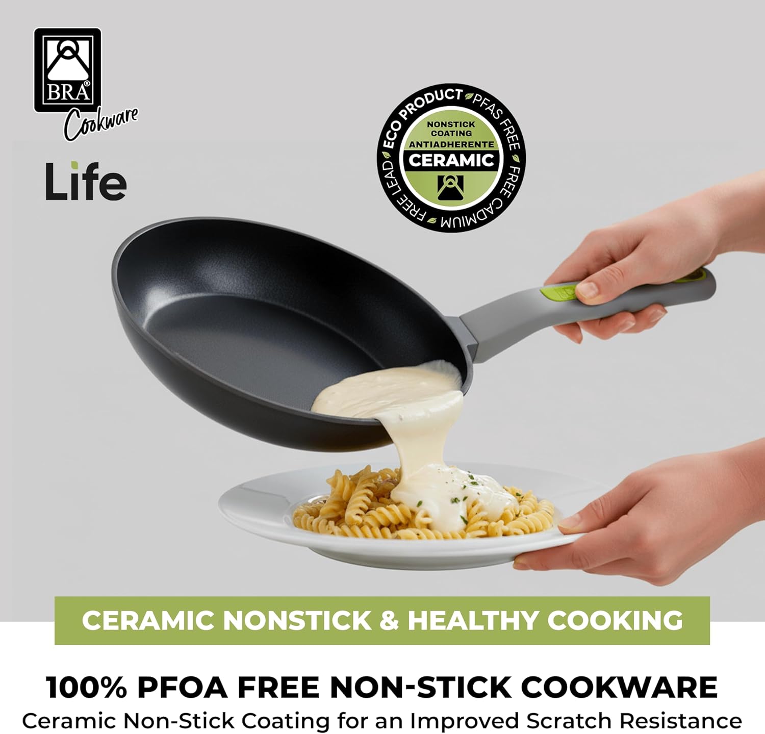 BRA COOKWARE Life 2 Ceramic Nonstick Frying Pan Set | 8+10.2 Inch Recycled Cast Aluminum Skillets | Ceramic Non-Stick Fry Pans | PFOA Free Searing Skillets | All Cooktops | Soft-Touch Handle