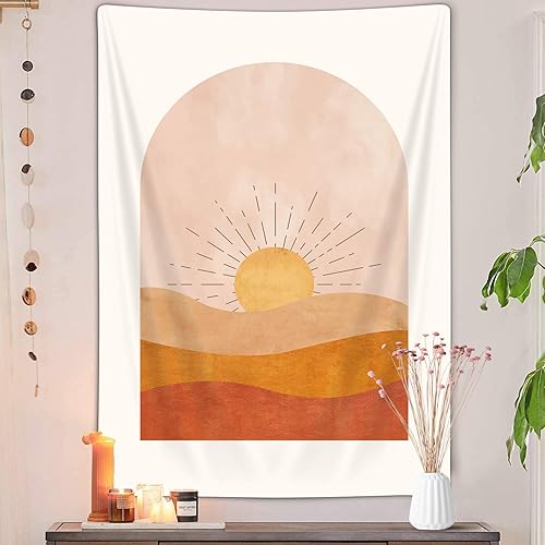 Tapiz vertical bohemio de sol, tapiz bohemio de desierto de montaña para colgar en la pared para dormitorio, tapiz minimalista amarillo, póster de