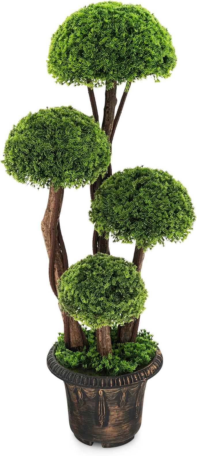 3ft. Artificial Cypress Topiary Tree, Ball Shaped Faux Cedar Trees w/Retro Cement Pot, 4 Boxwood Topiary Balls, Outdoor Plants Artificial for Porch, Foyer, Garden, Front Door