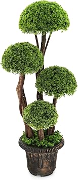 DREAMADE 3ft. Artificial Cypress Topiary Tree, Ball Shaped Faux Cedar Trees w/Retro Cement Pot, 4 Boxwood Topiary Balls, Outdoor Plants Artificial for Porch, Foyer, Garden, Front Door