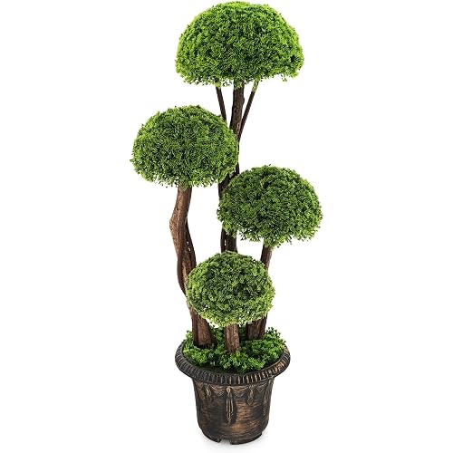 DREAMADE 3ft. Artificial Cypress Topiary Tree, Ball Shaped Faux Cedar Trees w/Retro Cement Pot, 4 Boxwood Topiary Balls, Outdoor Plants Artificial for Porch, Foyer, Garden, Front Door