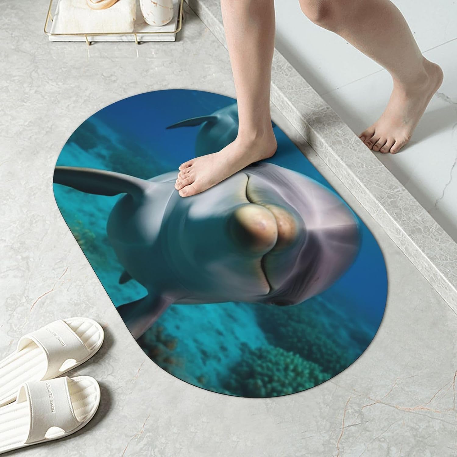 Funny Dolphin Looking at You Diatomaceous Earth Bath Mat Soft Bathtub Mat Rugs Non Slip-Super Absorbent Bathroom Floor Mat Quick Dry Diatomaceous Bath Mats for Bathroom 23.6 X 15.7 Inches