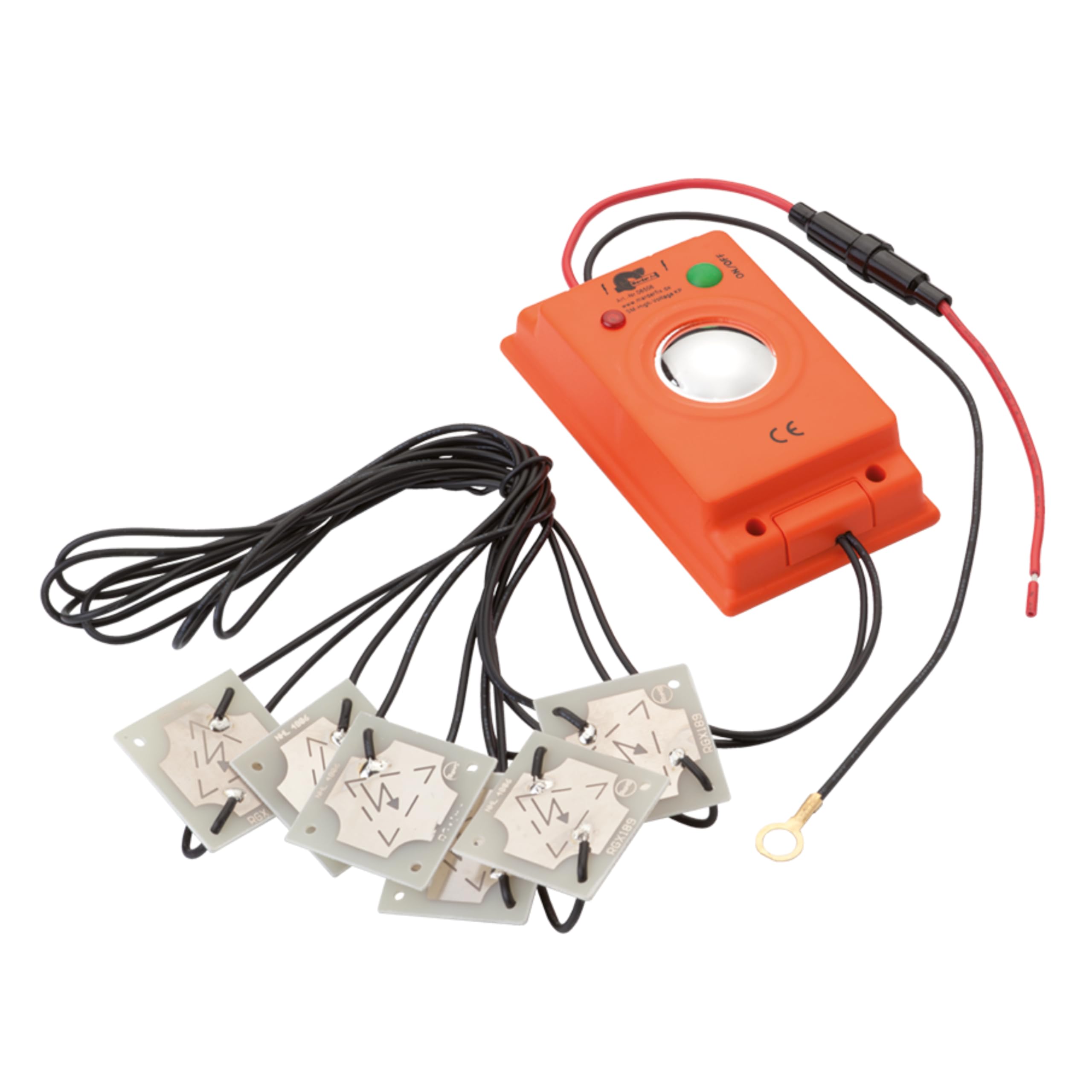 Marderabwehr komplett Set bestehend aus Hochspannungsgerät mit Ultraschall, On-Off Schalter,12V Anschluss und Duftmarkenentferner - Marderschreck, Marderschreck Auto