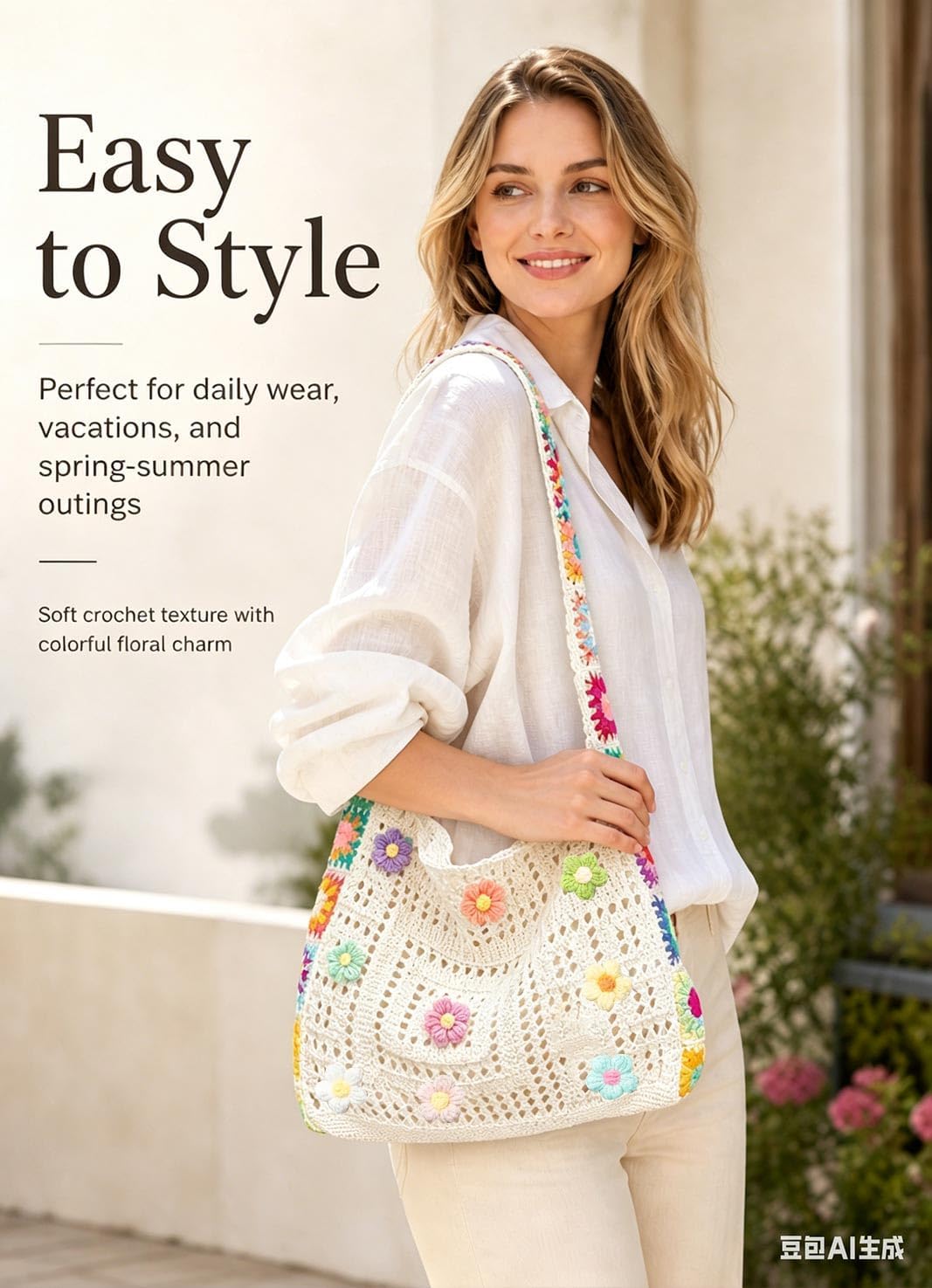 Crochet Tote Bag, Knit Shoulder Purse for Beach Travel and Daily Use