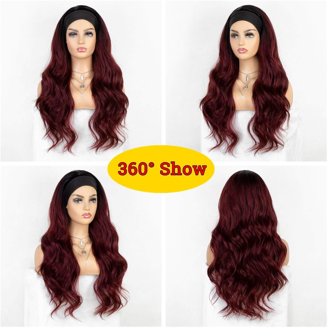 Ombre Burgundy Headband Wigs for Women 99j Long Wavy Synthetic Headband Wig with 3 Headbands Full Machine Made None Lace Front Wig - Image 3