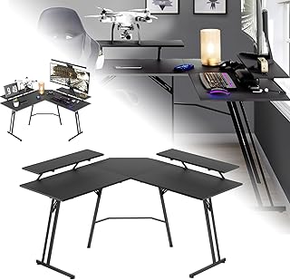 Gaming Tisch Groß Gaming Schreibtisch L-förmiger Computertisch mit Monitorständer, Kohlefaseroberfläche Ergonomischer Eckschreibtisch für Gaming und Homeoffice