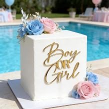 Boy or Girl Cake Topper, Gold Acrylic Gender Reveal Party Cake Decoration, Baby Shower Birthday Cake Charm Decor for Baby in Bloom Pregnancy Party Supplies