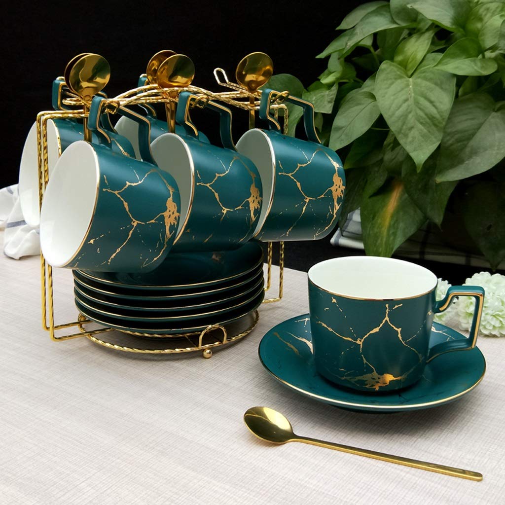 Ensemble de Tasses à café, soucoupes et cuillères en céramique marbrée 200 ML Tasse à thé Nordique Service à thé en Porcelaine Mate Tasse à thé Tasse à Expresso, théière
