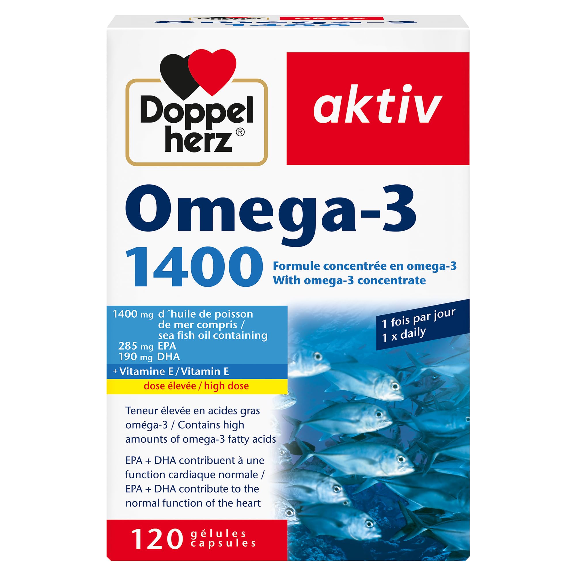 Doppelherz – Omega-3 1400 – Teneur élevée en acides gras Oméga 3 EPA et DHA & vitamine E – Pour la bonne fonction cardiaque – Huile de poisson de mer – 120 gélules