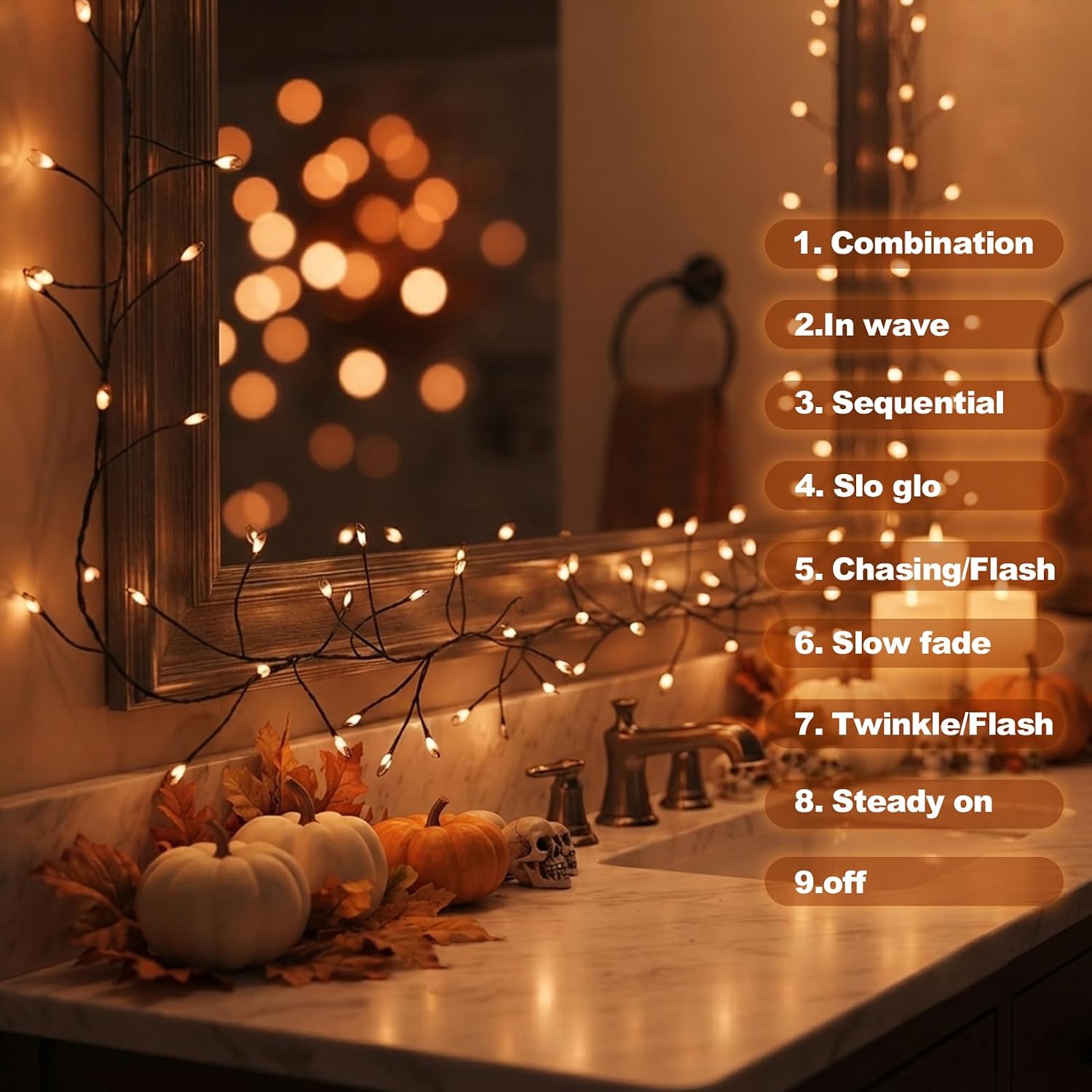 10.8ft 120 LED Orange Firecracker Fairy Lights, Bendable Copper Wire Battery Operated String Lights, Magical Autumn Holiday Decor for Garden Party